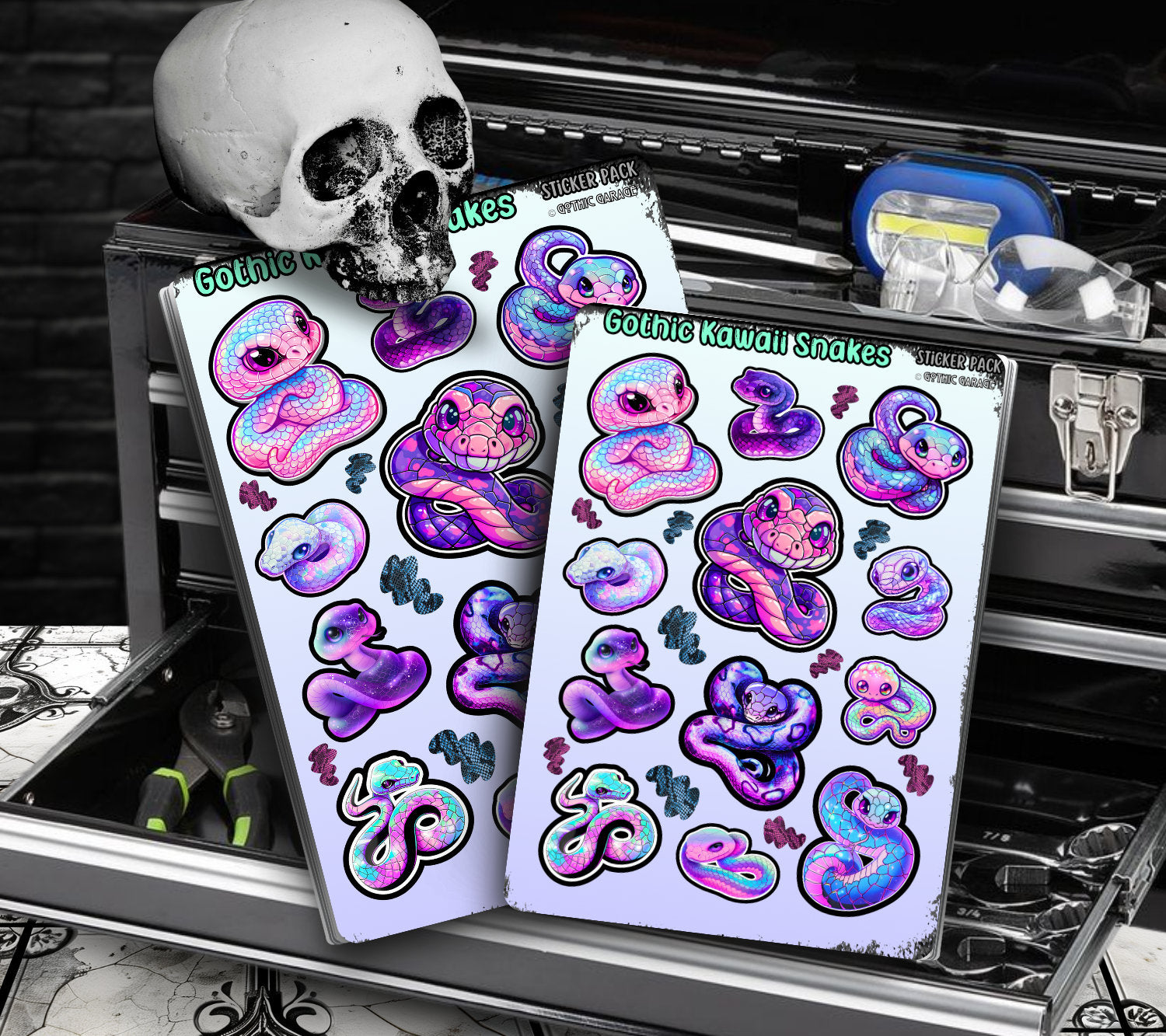 Gothic Kawaii Snakes Sticker Sheets for Collecting and Scrapbooking - High-Quality, Vibrant Designs, Perfect Budget Friendly Gifts