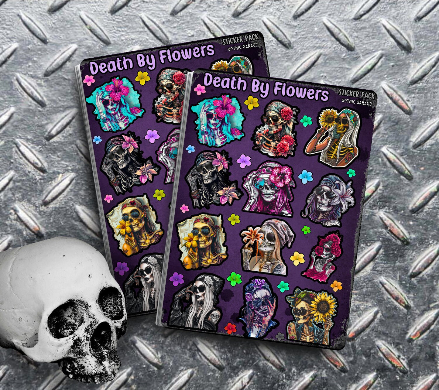 Gothic Skeleton & Tropical Flower Sticker Sheets for Collecting, Scrapbooking - High-Quality, Vibrant Designs, Perfect Budget Friendly Gifts