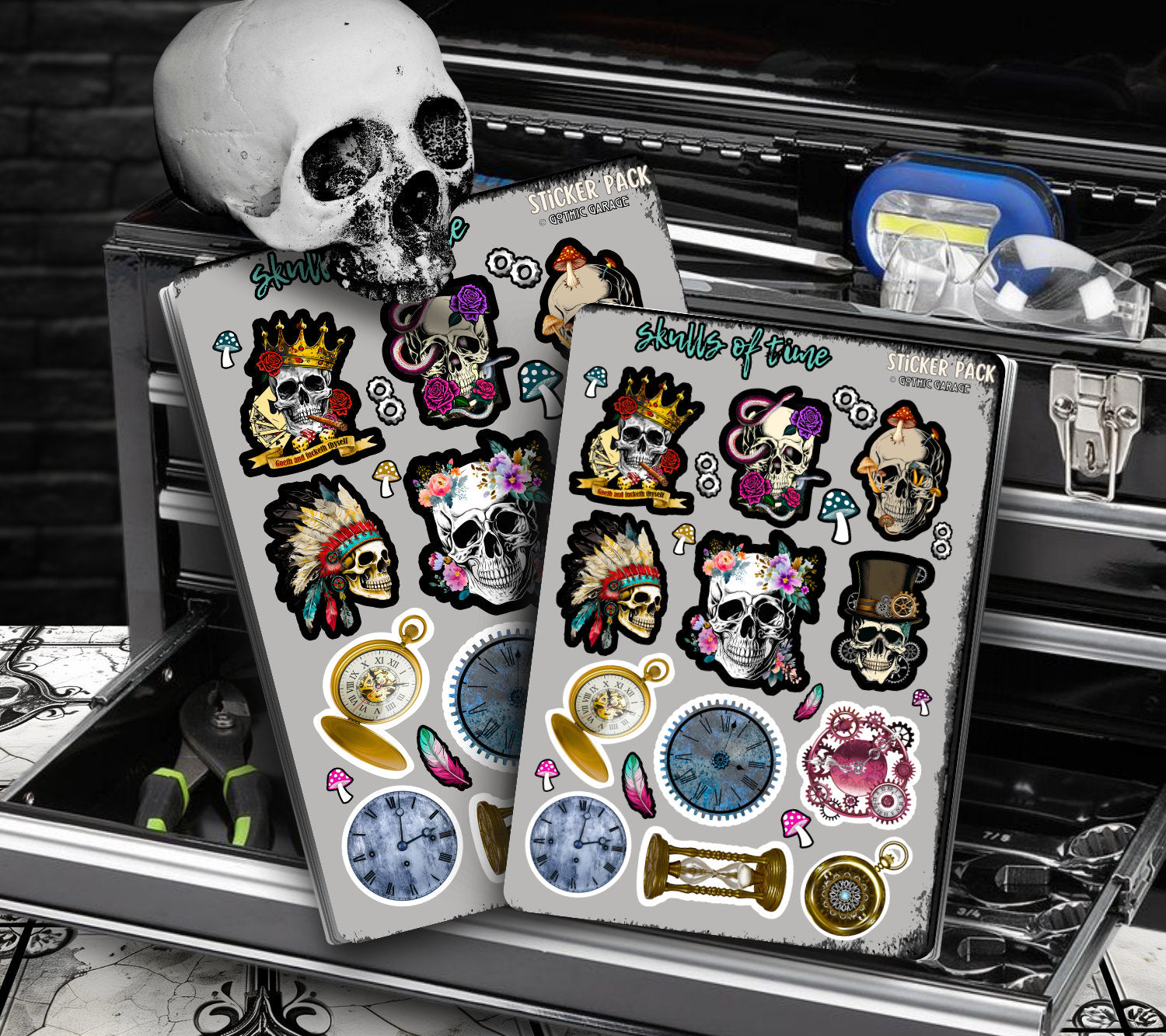 Skulls of Time Clocks Sticker Sheets for Collecting and Scrapbooking - High-Quality, Vibrant Designs, Perfect Budget Friendly Gifts