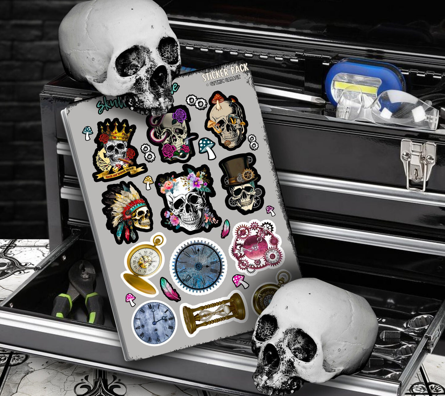 Skulls of Time Clocks Sticker Sheets for Collecting and Scrapbooking - High-Quality, Vibrant Designs, Perfect Budget Friendly Gifts