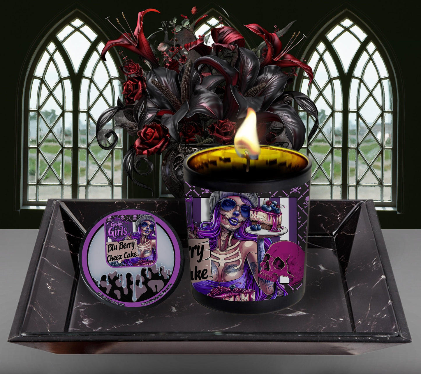 Blueberry Cheesecake Gothic Candle Perfect for Dark Home Decor & Unique Goth Gifts, Intricately Designed for a Mysterious Modern Ambiance