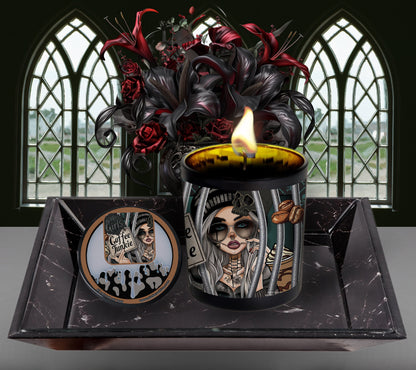 Coffee Shop Junkie Gothic Candle Perfect for Dark Home Decor & Unique Goth Gifts, Intricately Designed for a Mysterious Modern Ambiance