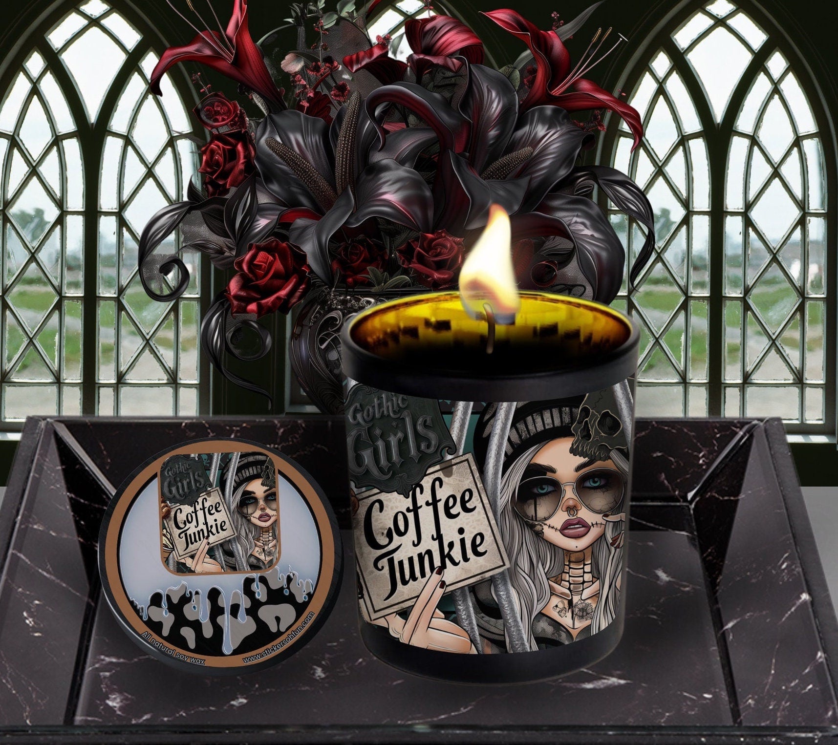 Coffee Shop Junkie Gothic Candle Perfect for Dark Home Decor & Unique Goth Gifts, Intricately Designed for a Mysterious Modern Ambiance