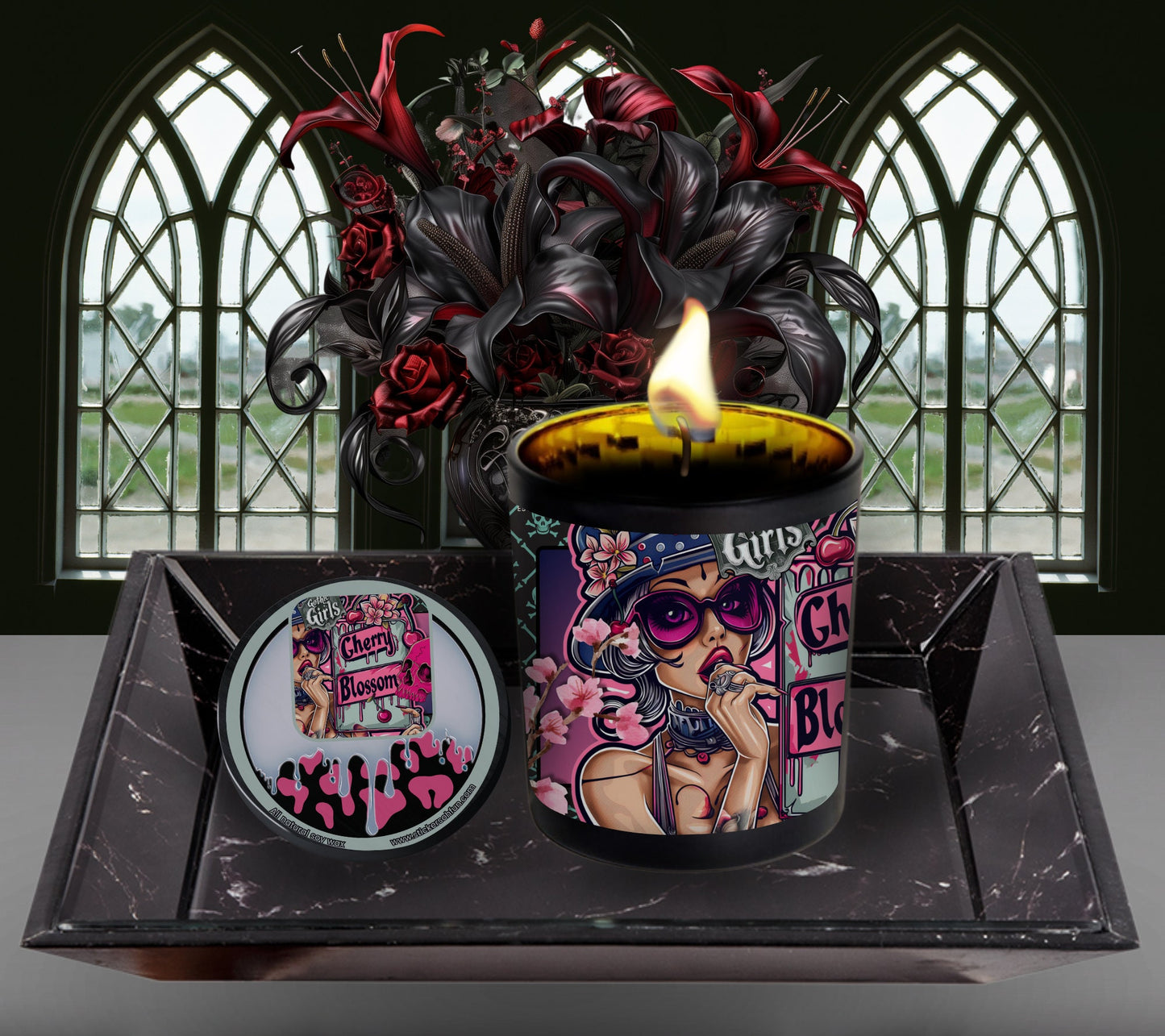 Japanese Cherry Blossom Gothic Candle Perfect for Dark Home Decor & Unique Goth Gifts, Intricately Designed for a Mysterious Modern Ambiance