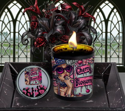 Japanese Cherry Blossom Gothic Candle Perfect for Dark Home Decor & Unique Goth Gifts, Intricately Designed for a Mysterious Modern Ambiance