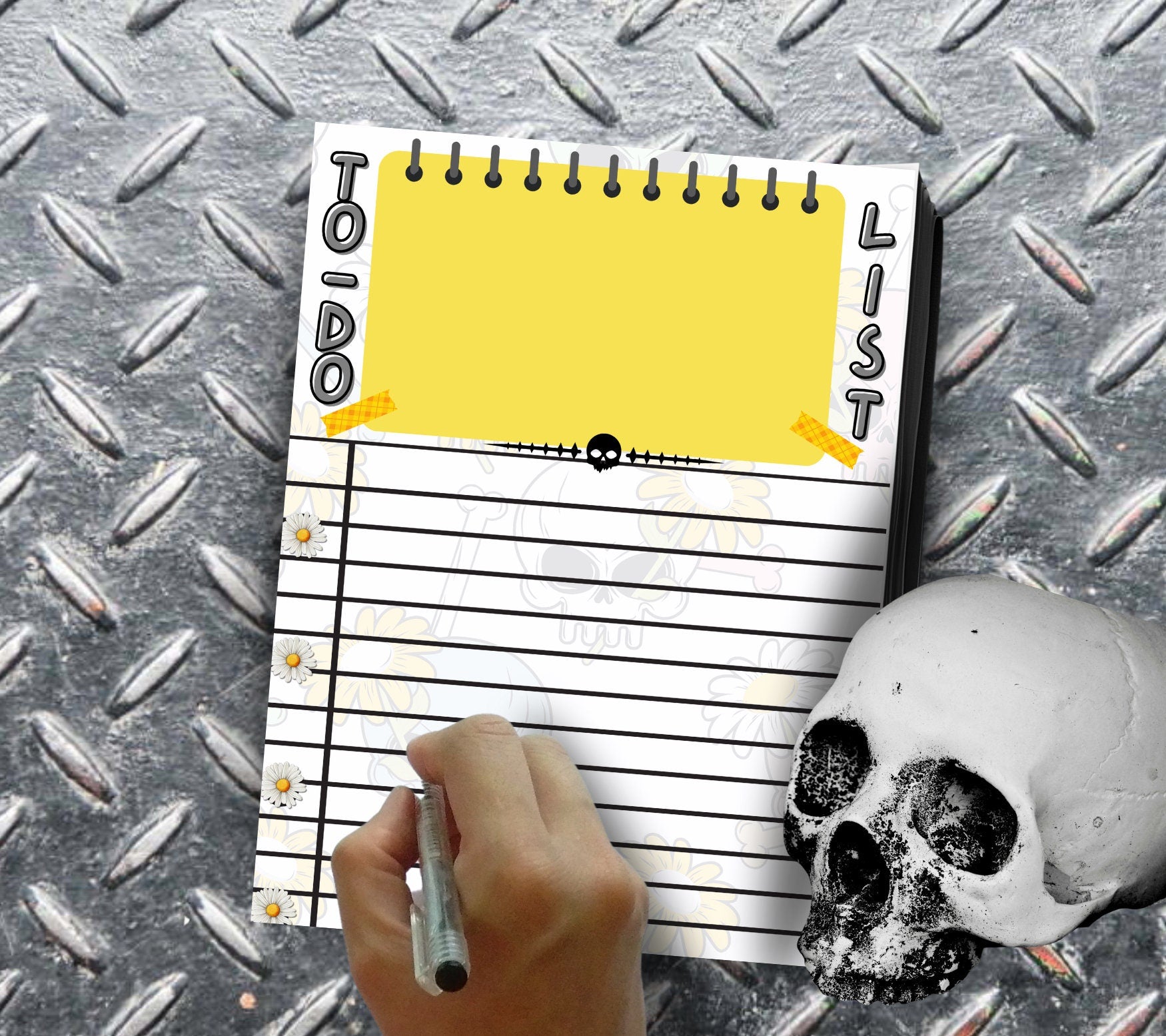 Daisy & Skull To-Do List Notepad, Goth Stationery for Taking Notes or Task Management, Perfect Personalized Birthday Gift