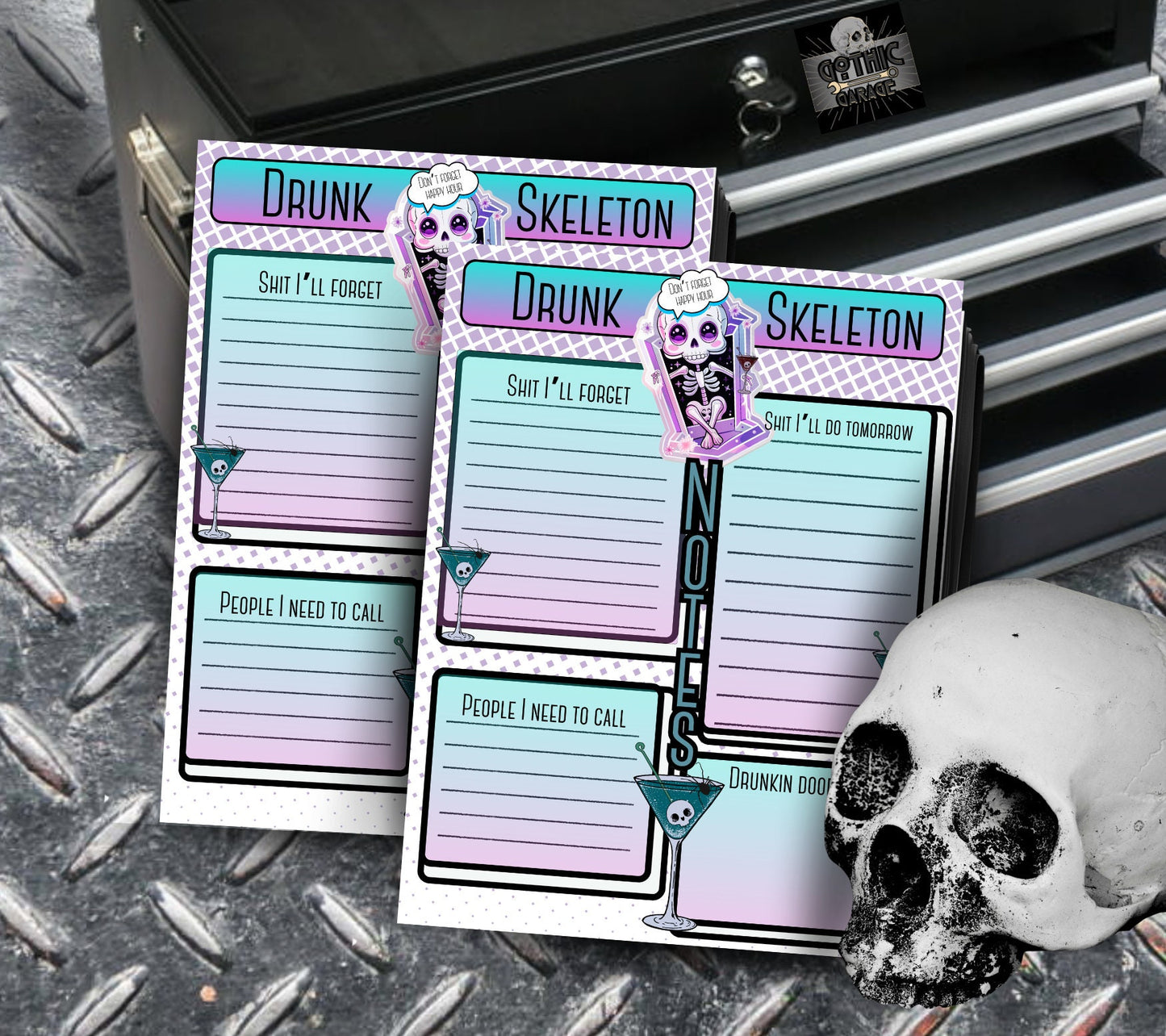 Gothic Kawaii Drunk Skeleton Notepad, Goth Stationery for Taking Notes or Task Management, Perfect Personalized Birthday Gift