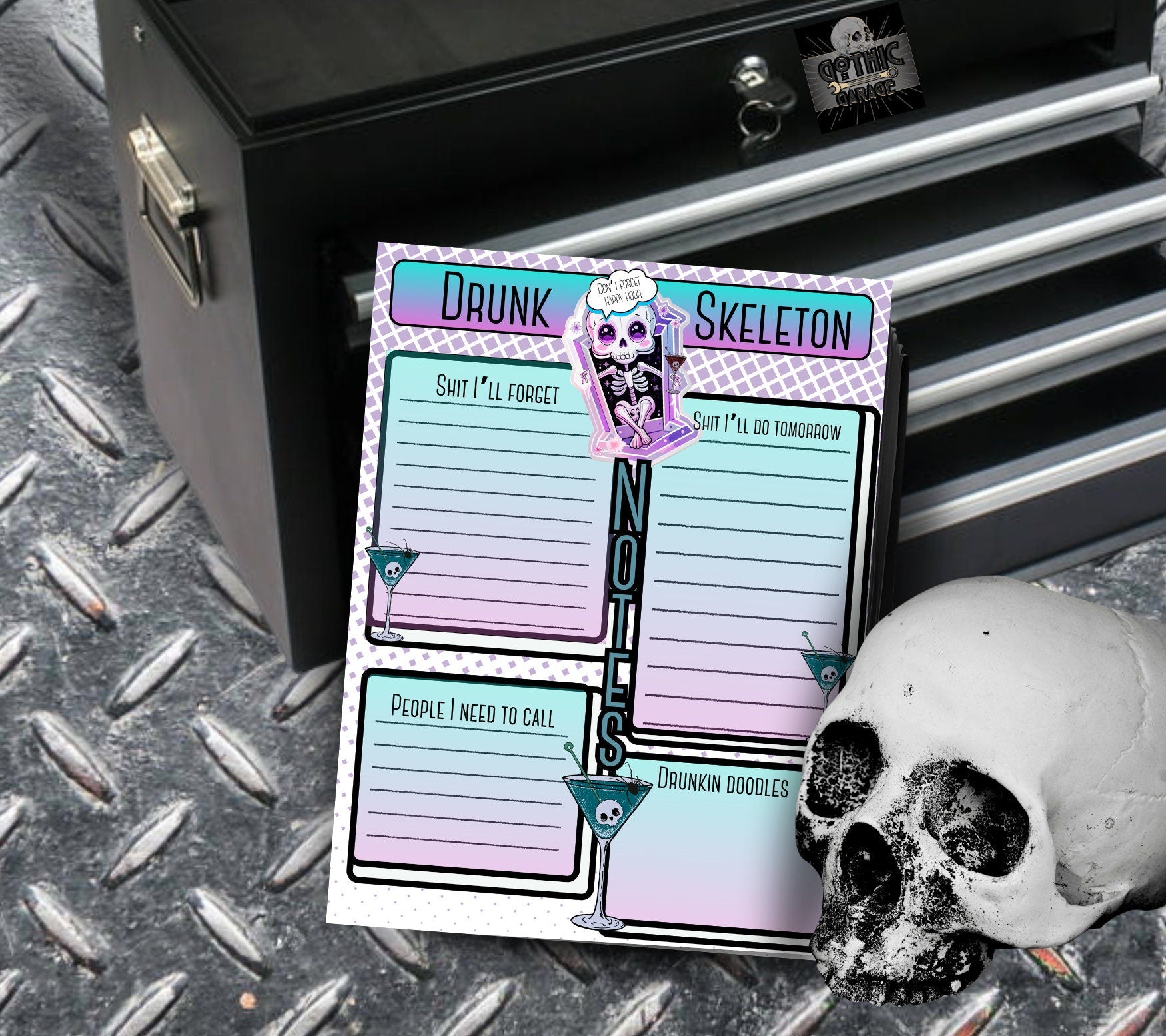 Gothic Kawaii Drunk Skeleton Notepad, Goth Stationery for Taking Notes or Task Management, Perfect Personalized Birthday Gift