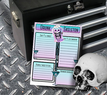 Gothic Kawaii Drunk Skeleton Notepad, Goth Stationery for Taking Notes or Task Management, Perfect Personalized Birthday Gift