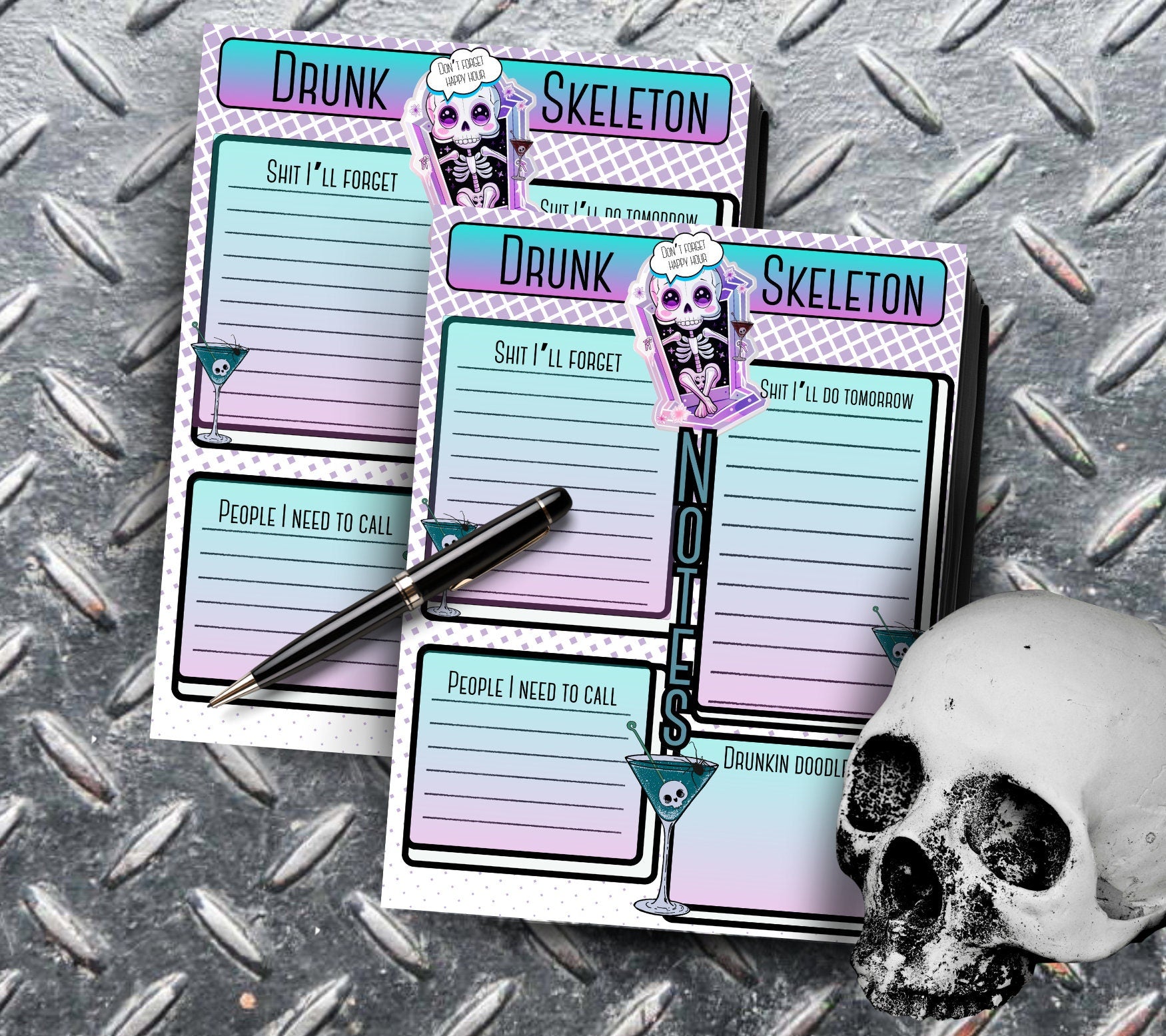 Gothic Kawaii Drunk Skeleton Notepad, Goth Stationery for Taking Notes or Task Management, Perfect Personalized Birthday Gift