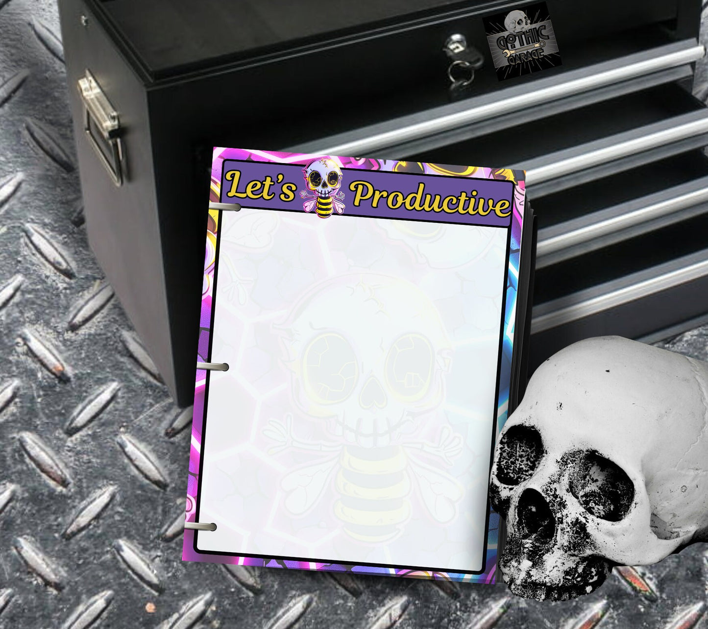 Gothic Kawaii Skeleton Honey Bee Notepad, “Let’s Bee Productive” Goth Stationery for Taking Notes or Task Management