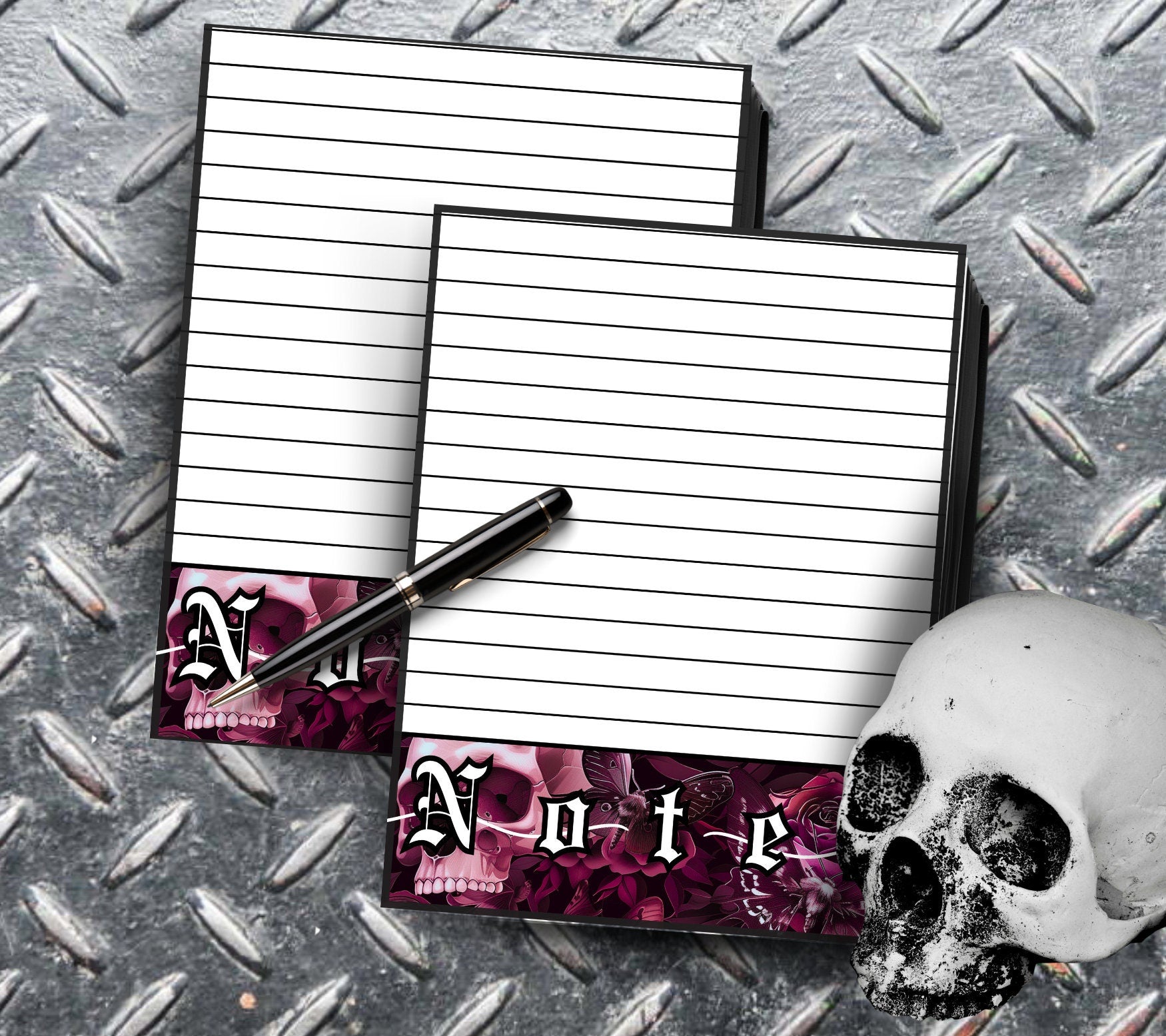 Gothic Old English Skull, Rose & Death Head Moth Notepad, Goth Stationery for Taking Notes or Task Management