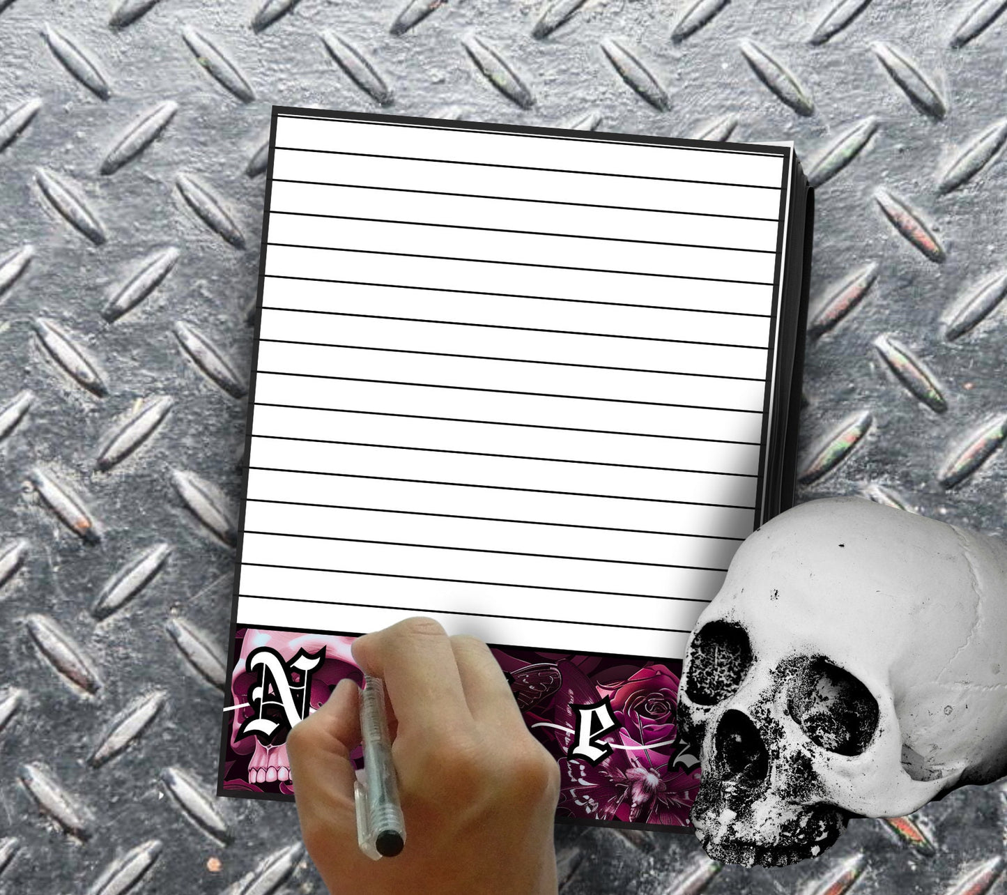 Gothic Old English Skull, Rose & Death Head Moth Notepad, Goth Stationery for Taking Notes or Task Management