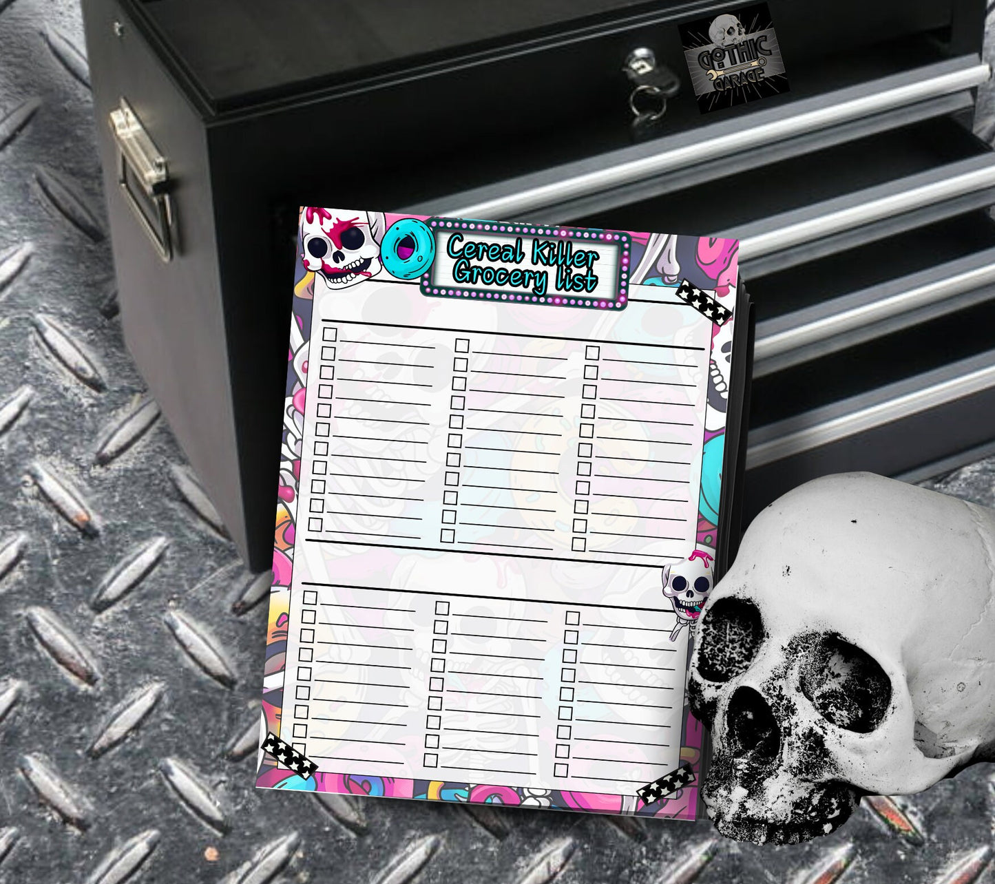 Kawaii Skeletons Grocery List, Blank “Cereal Killer” Gothic Shopping Organization Notepad, 50 Tear Off Sheets