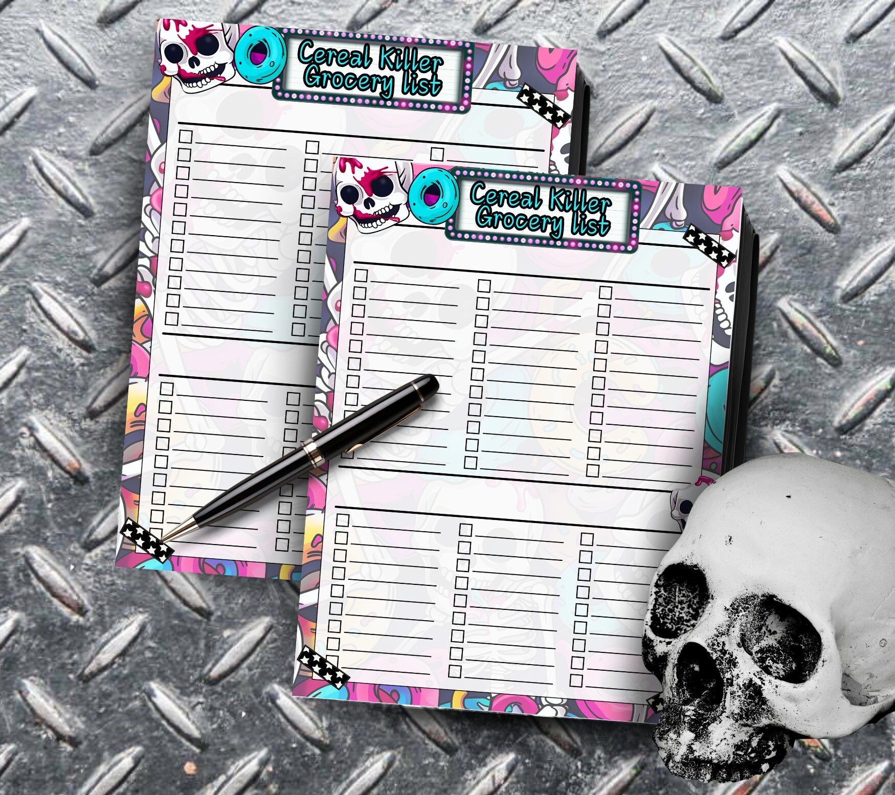 Kawaii Skeletons Grocery List, Blank “Cereal Killer” Gothic Shopping Organization Notepad, 50 Tear Off Sheets