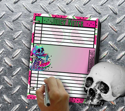 Kawaii Watermelon Skeleton Notepad, Gothic Memos of “Juicy Notes”, Goth Stationery for Taking Notes or Task Management