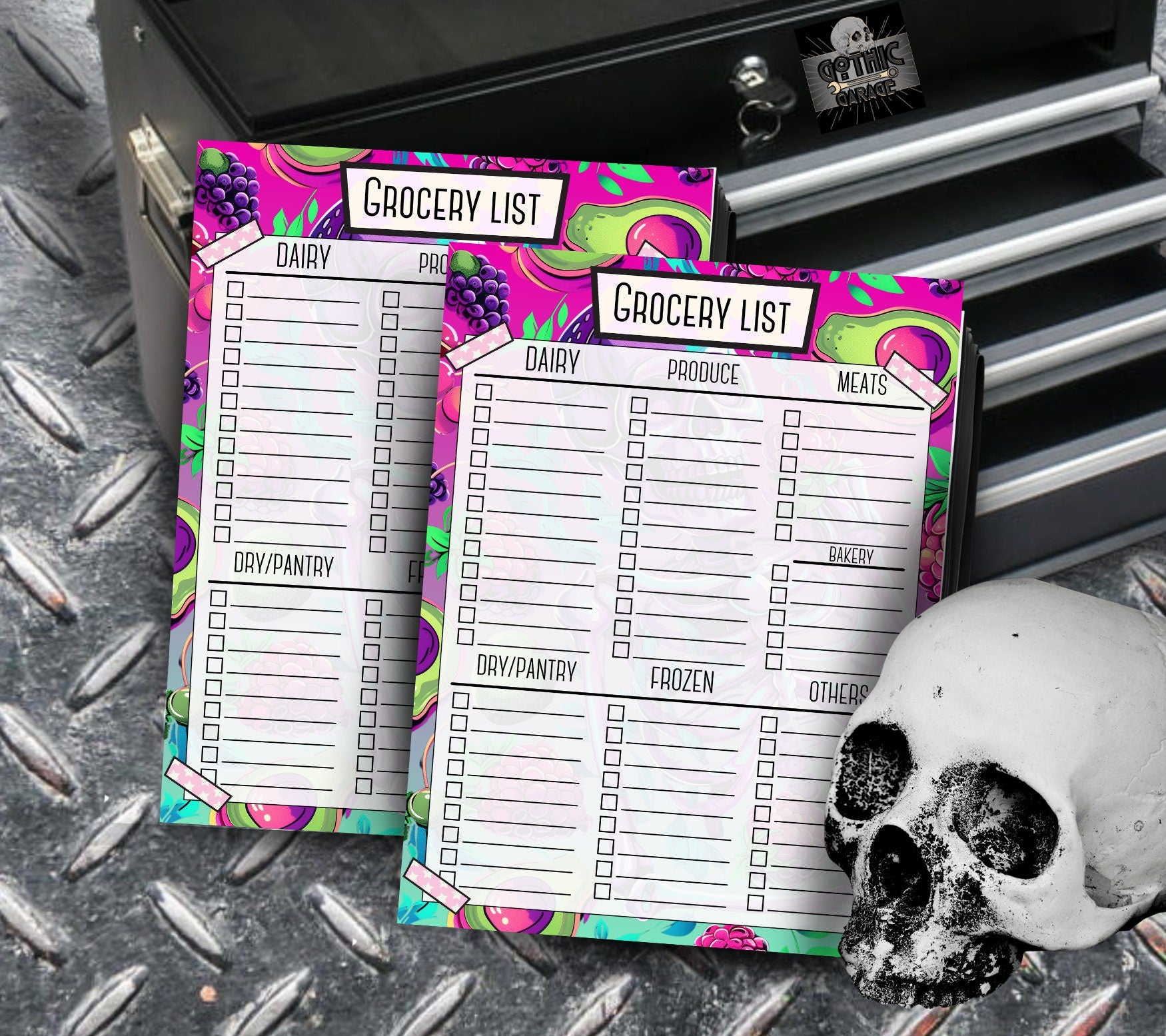 Skull Fruits Grocery List, Shopping Organization Notepad, Goth Stationery for Grocery Store Management