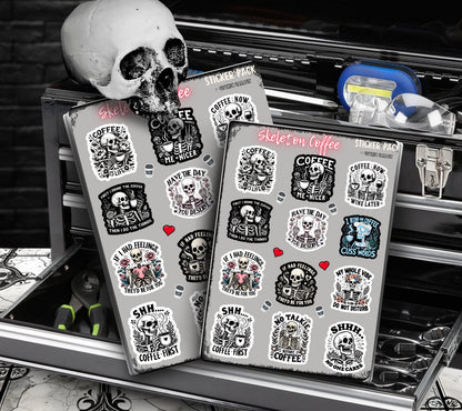 Coffee Expessions Skeleton Sticker Sheet, Sarcastic and Funny Adult Stickers, Perfect for Coffee Lovers