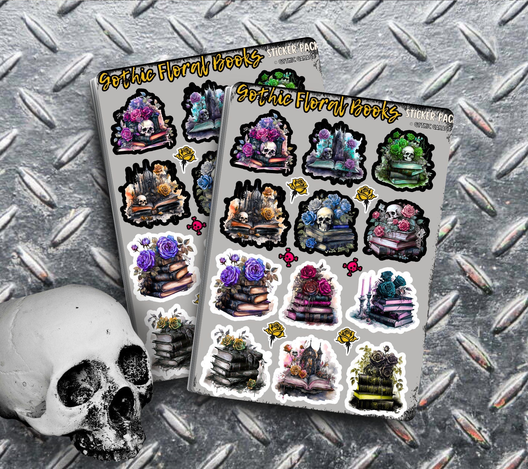 Gothic Floral & Skull Books Sticker Sheets for Collecting and Scrapbooking - High-Quality, Vibrant Designs, Perfect Budget Friendly Gifts