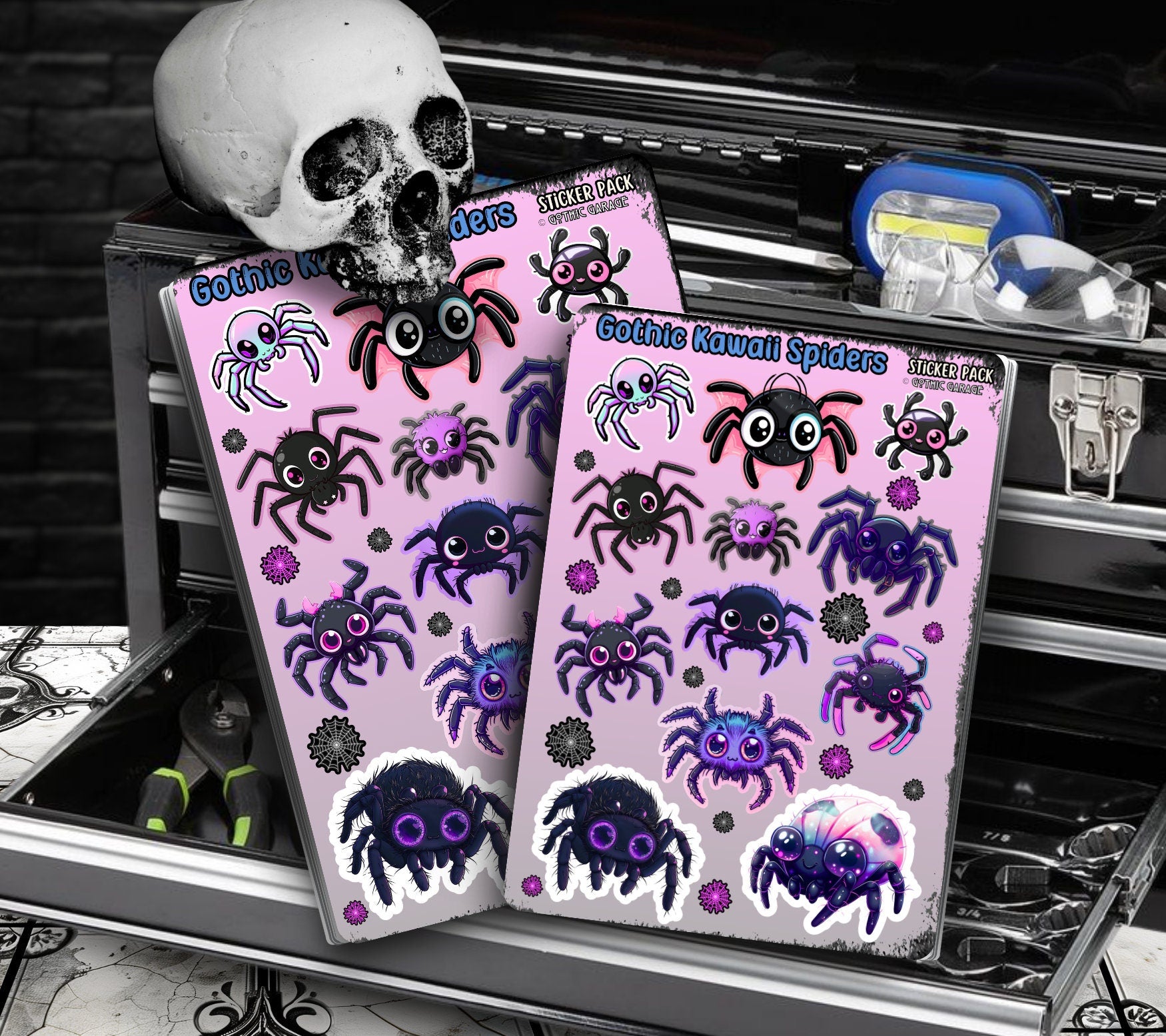 Gothic Kawaii Spiders Sticker Sheets for Collecting and Scrapbooking - High-Quality, Vibrant Designs, Perfect Budget Friendly Gifts