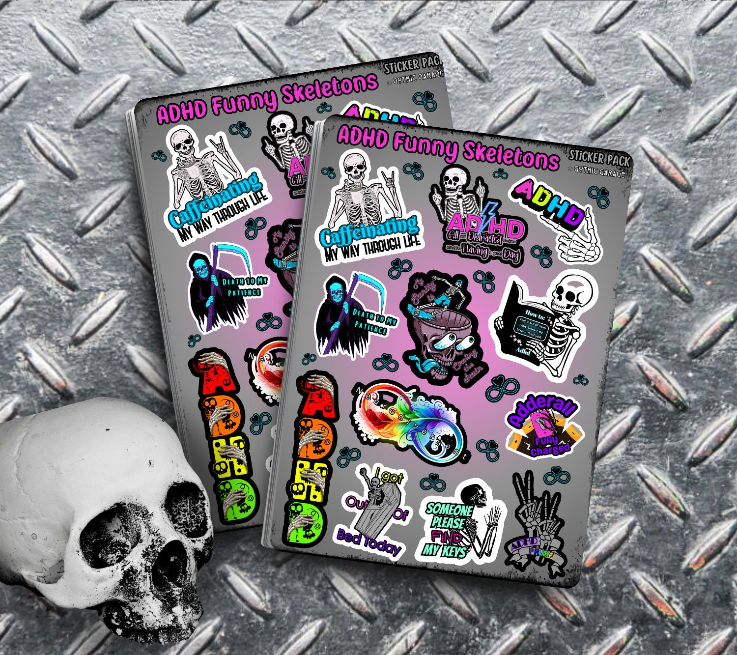 ADHD & Neurodivergent Funny Skeletons Sticker Sheet, Budget Friendly Gift for Friends, Collecting and Scrapbooking