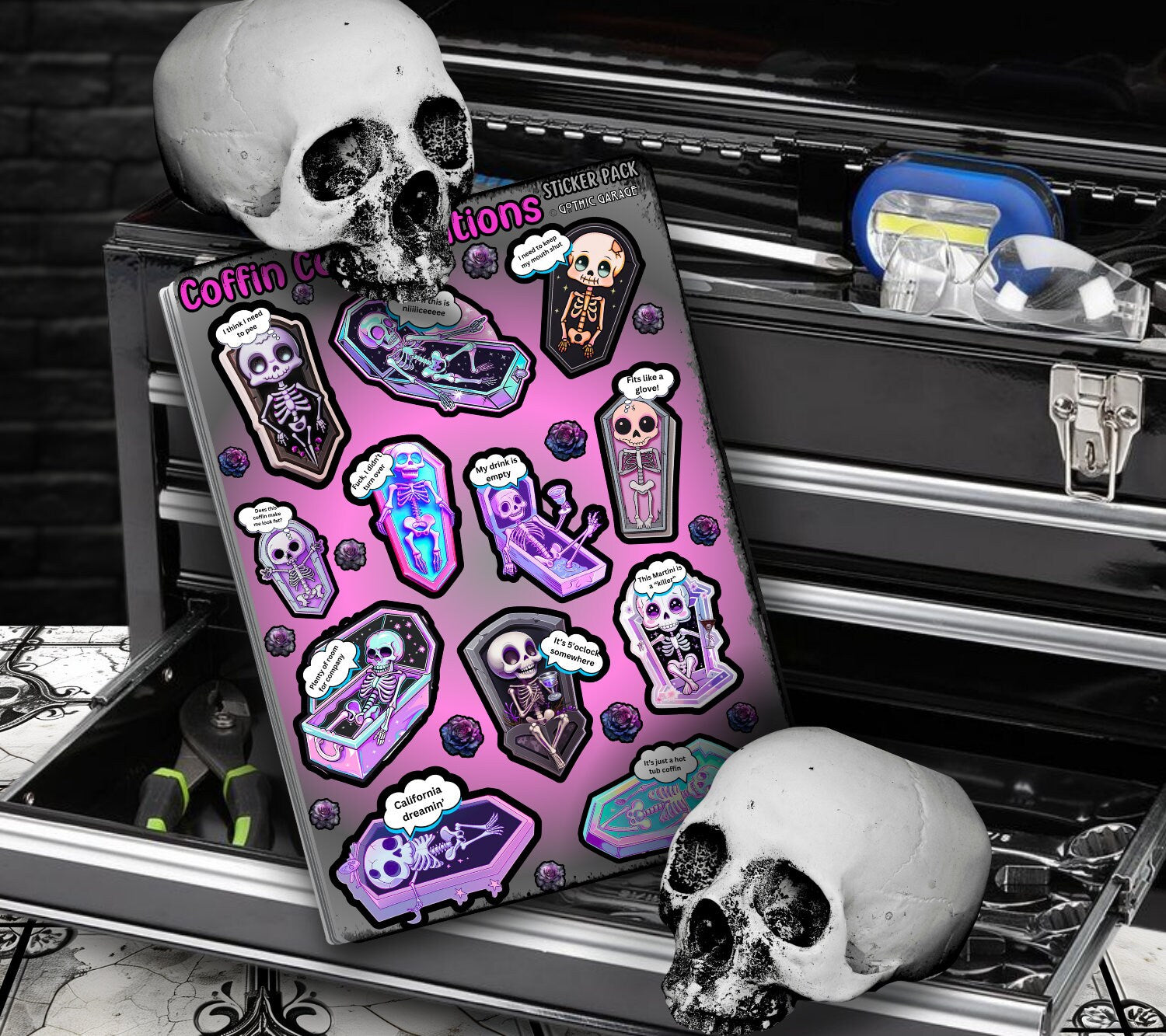 Coffin Skeletons, Funny Conversation Sticker Sheets for Collecting & Scrapbooking - High-Quality, Vibrant Designs