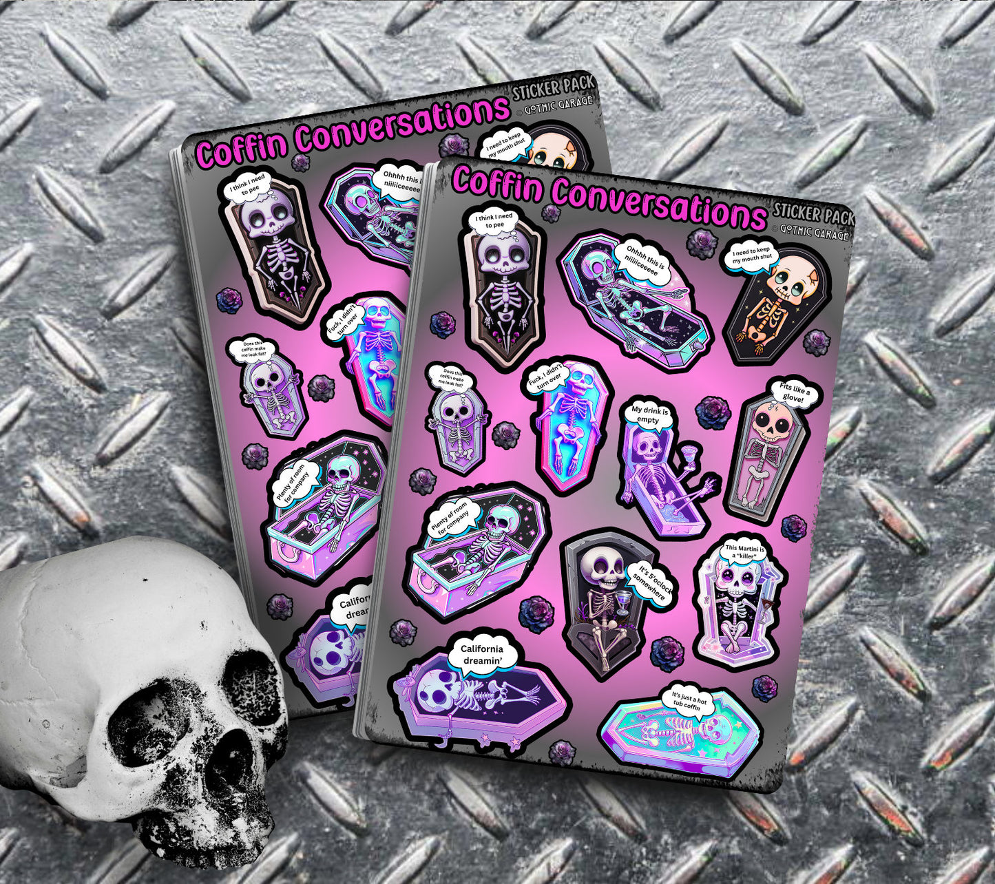 Coffin Skeletons, Funny Conversation Sticker Sheets for Collecting & Scrapbooking - High-Quality, Vibrant Designs