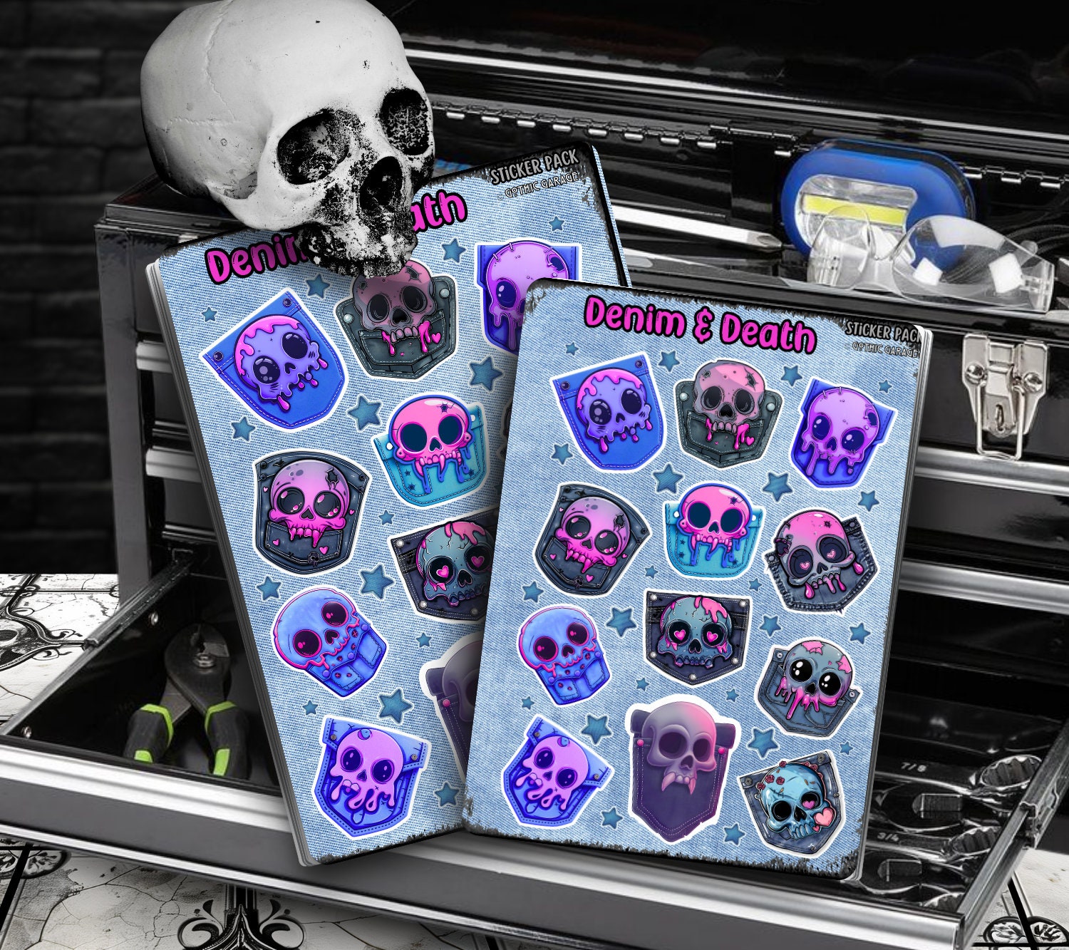 Denim & Dead Kawaii Skulls Sticker Sheets for Collecting and Scrapbooking - High-Quality, Vibrant Designs, Perfect Budget Friendly Gifts