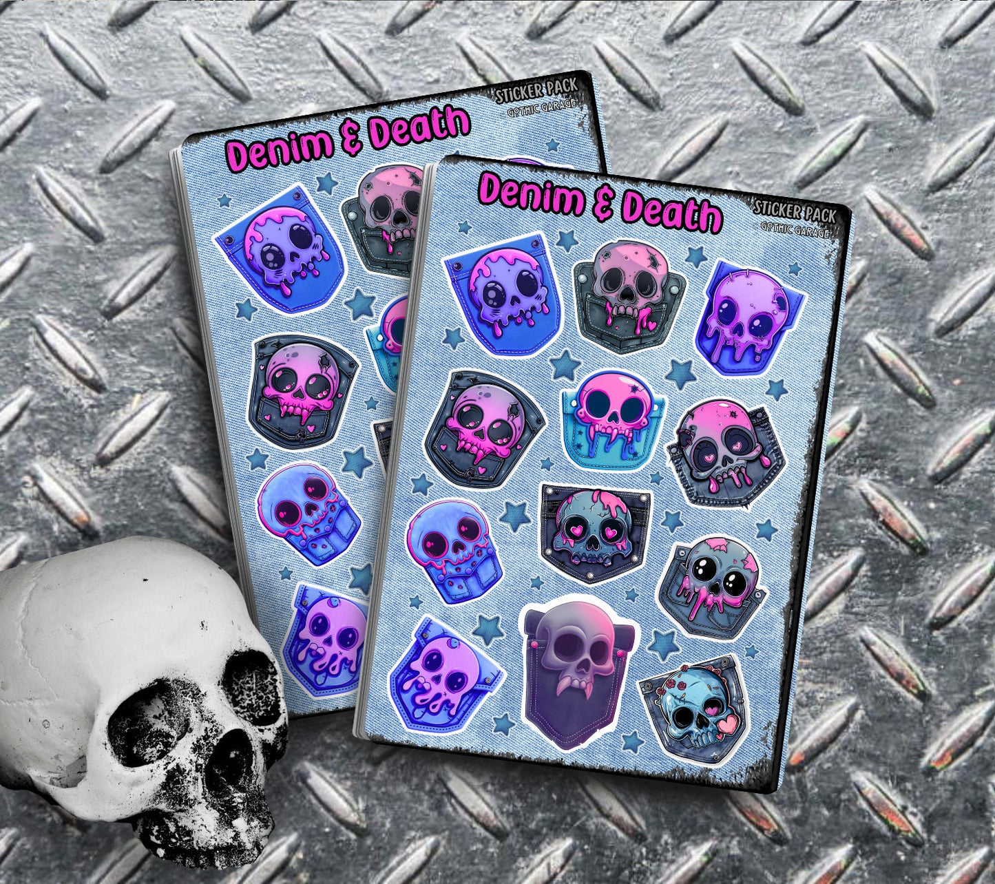 Denim & Dead Kawaii Skulls Sticker Sheets for Collecting and Scrapbooking - High-Quality, Vibrant Designs, Perfect Budget Friendly Gifts