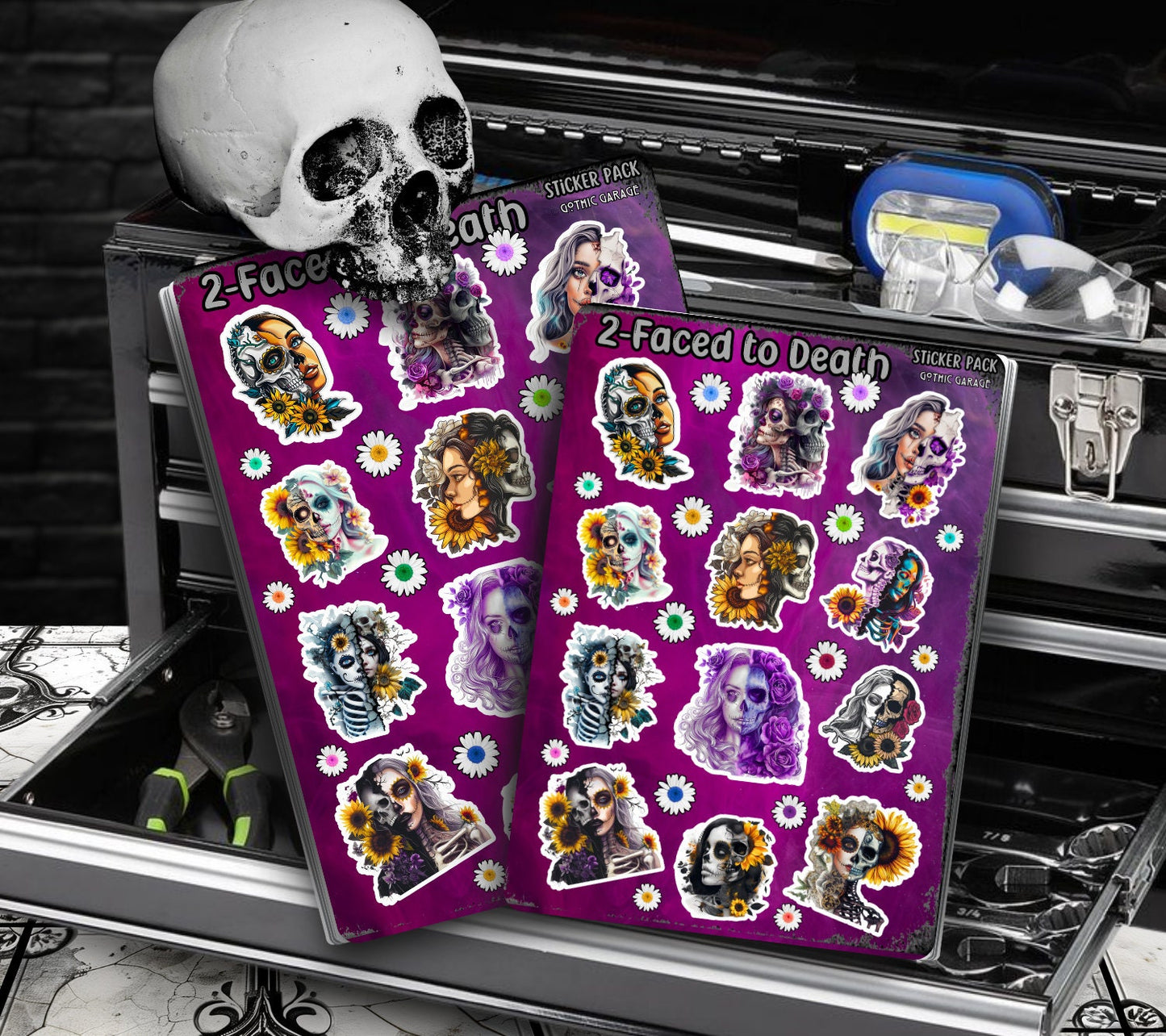 Gothic 2-Faced Skeletons Sticker Sheets for Collecting and Scrapbooking - High-Quality, Vibrant Designs, Perfect Budget Friendly Gifts