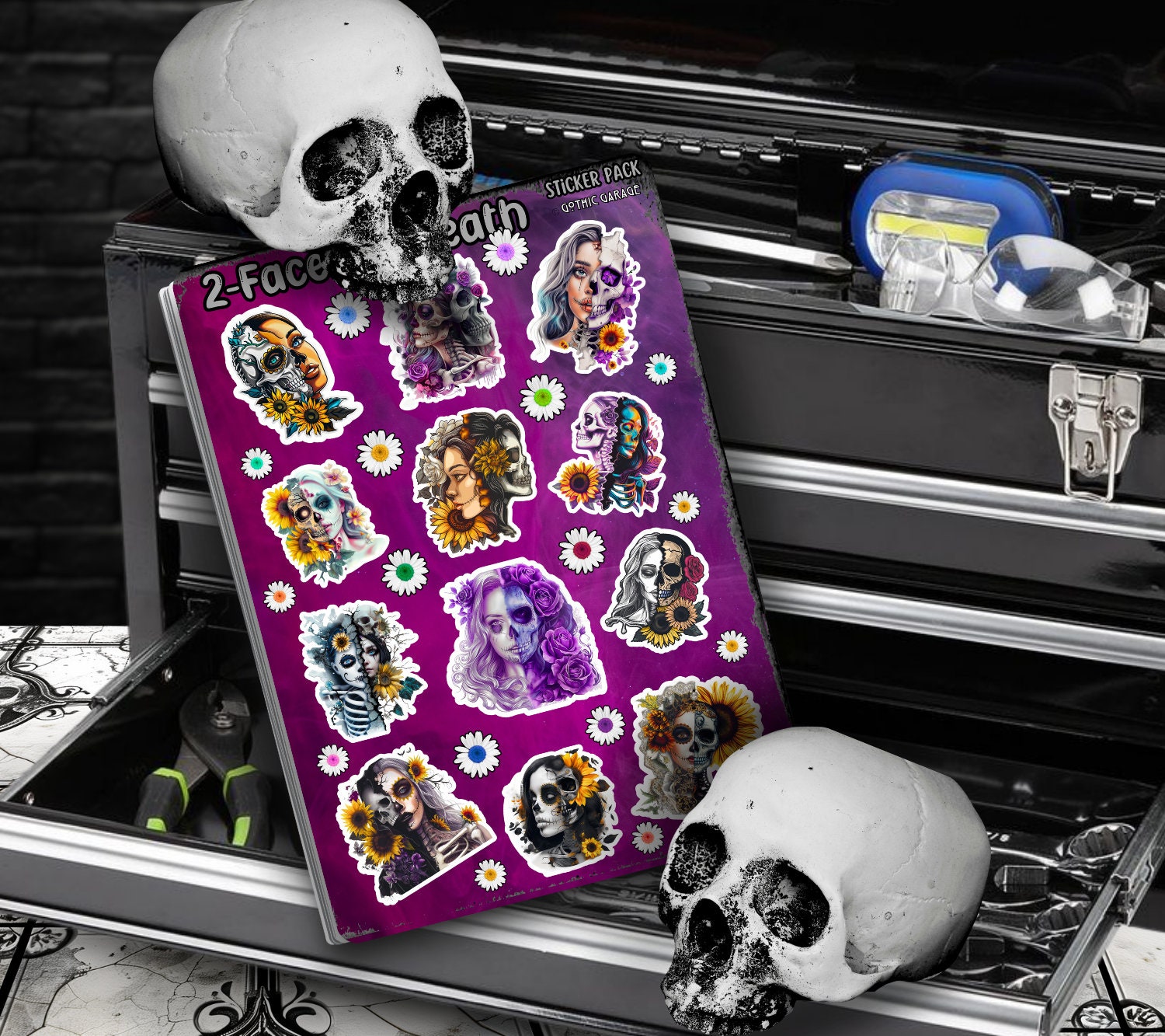 Gothic 2-Faced Skeletons Sticker Sheets for Collecting and Scrapbooking - High-Quality, Vibrant Designs, Perfect Budget Friendly Gifts