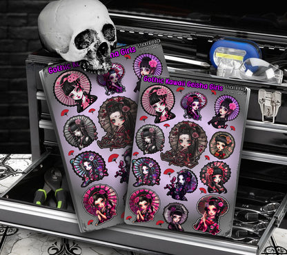 Gothic Kawaii Geisha Girls Sticker Sheets for Collecting and Scrapbooking - High-Quality, Vibrant Designs, Perfect Budget Friendly Gifts