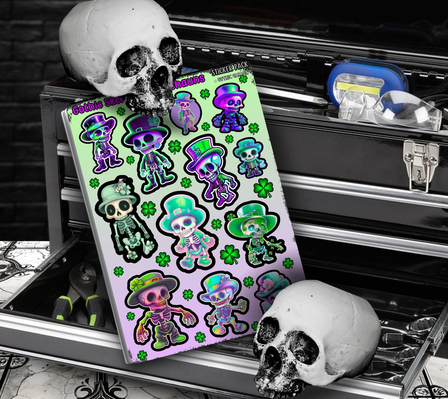 Gothic Kawaii Irish Skeletons Sticker Sheets for Collecting and Scrapbooking - High-Quality, Vibrant Designs, Perfect Budget Friendly Gifts