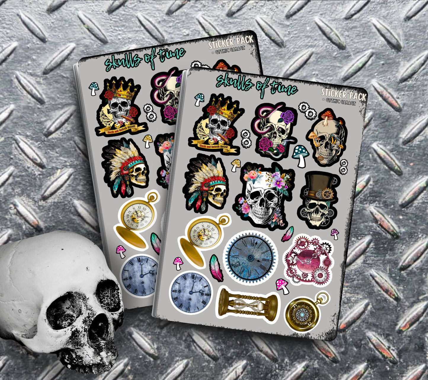 Skulls of Time Clocks Sticker Sheets for Collecting and Scrapbooking - High-Quality, Vibrant Designs, Perfect Budget Friendly Gifts