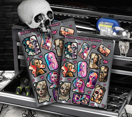 Gothic Bitches, Snitches & Stiches Sticker Sheets for Collecting and Scrapbooking - High-Quality, Vibrant Designs