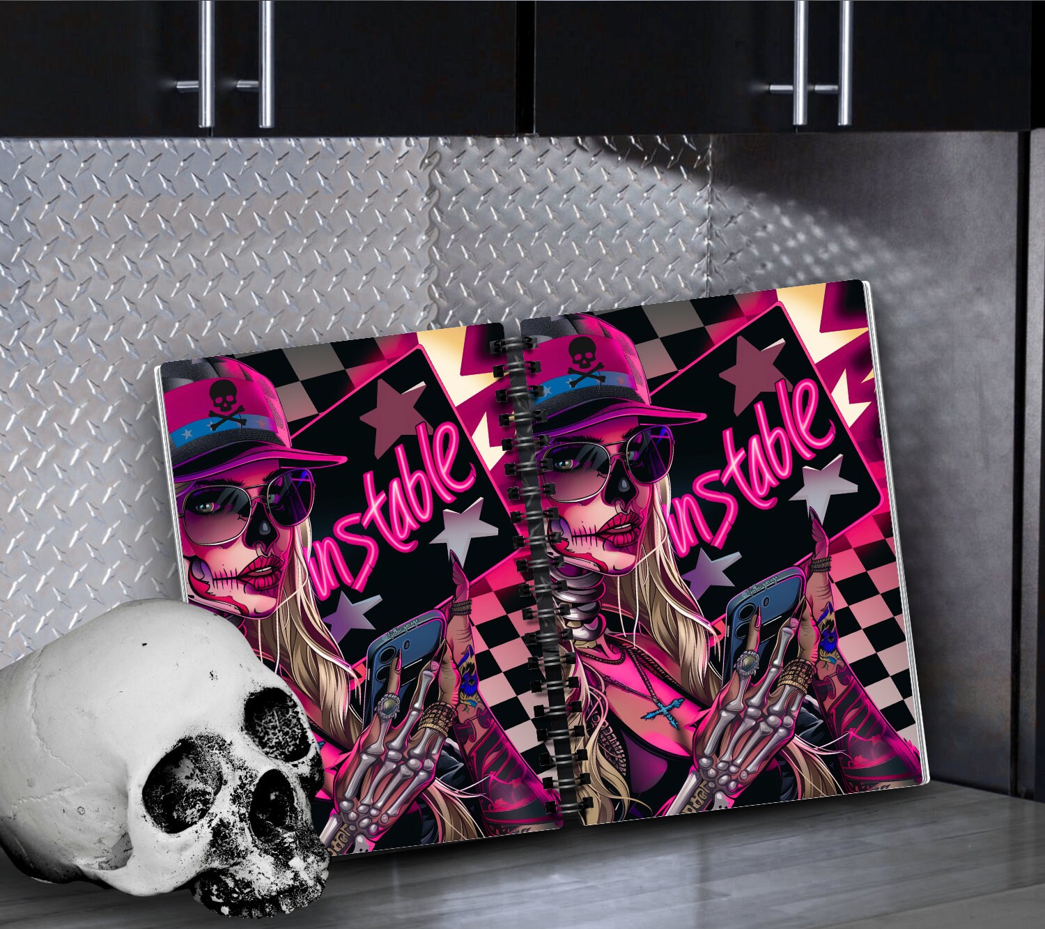 Gothic “Unstable” Female Skeleton Reusable Sticker Book, Perfect Gift to Personalize for Goth Lovers & Sticker Collectors