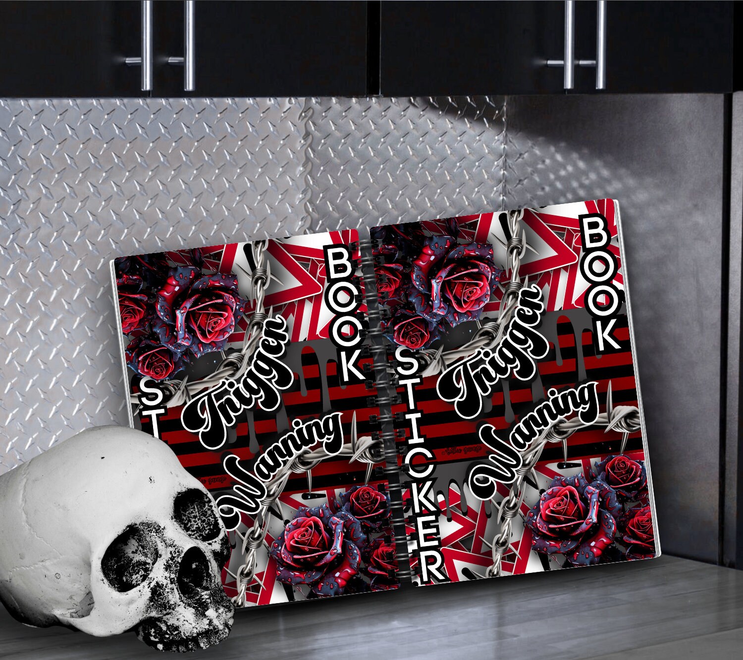 Trigger Warning Reusable Sticker Book, Gothic Vibe Sticker Album, Perfect Gift to Personalize for Goth Lovers & Sticker Collectors