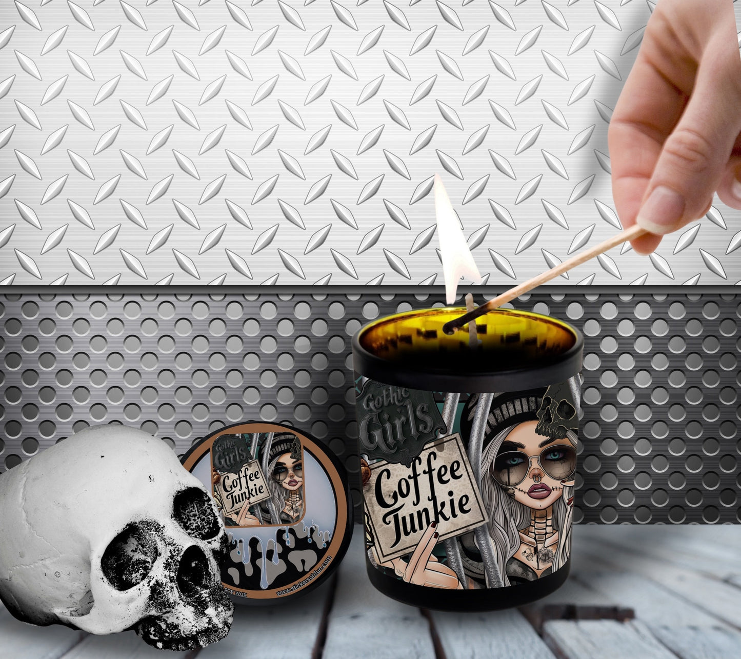 Coffee Shop Junkie Gothic Candle Perfect for Dark Home Decor & Unique Goth Gifts, Intricately Designed for a Mysterious Modern Ambiance