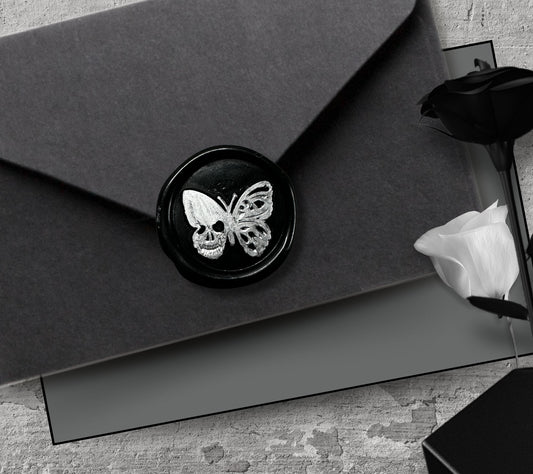 Skull Faced Butterfly Soy Wax Seal Sticker, Handpoured & Stamped, Elegant Addition for Gothic Wedding Envelopes and Invitations