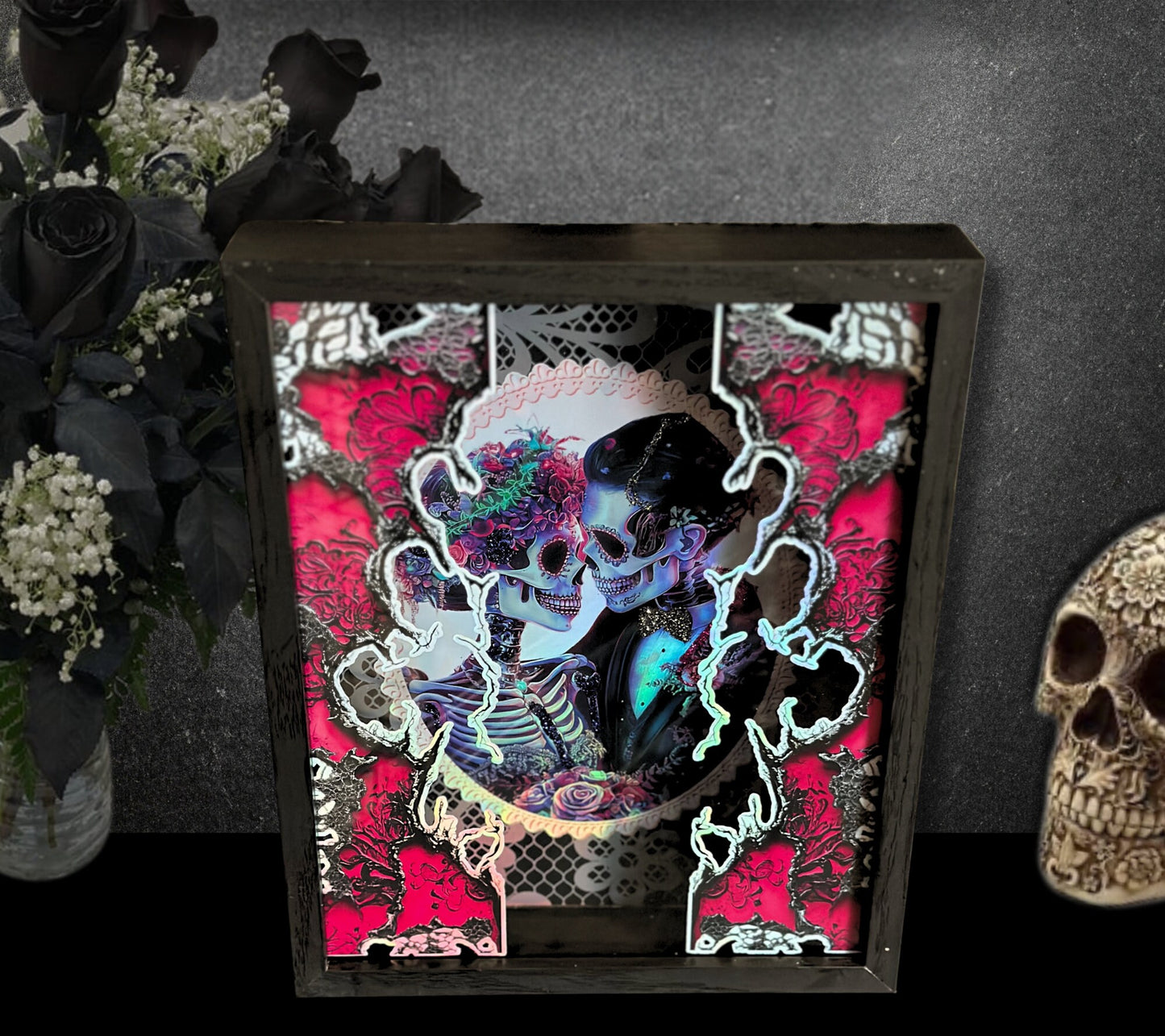 Victorian Skeleton Lovers Shadowbox, Unique Dark Academia Wall Decor, Perfect Art for a Gothic Living Spcae