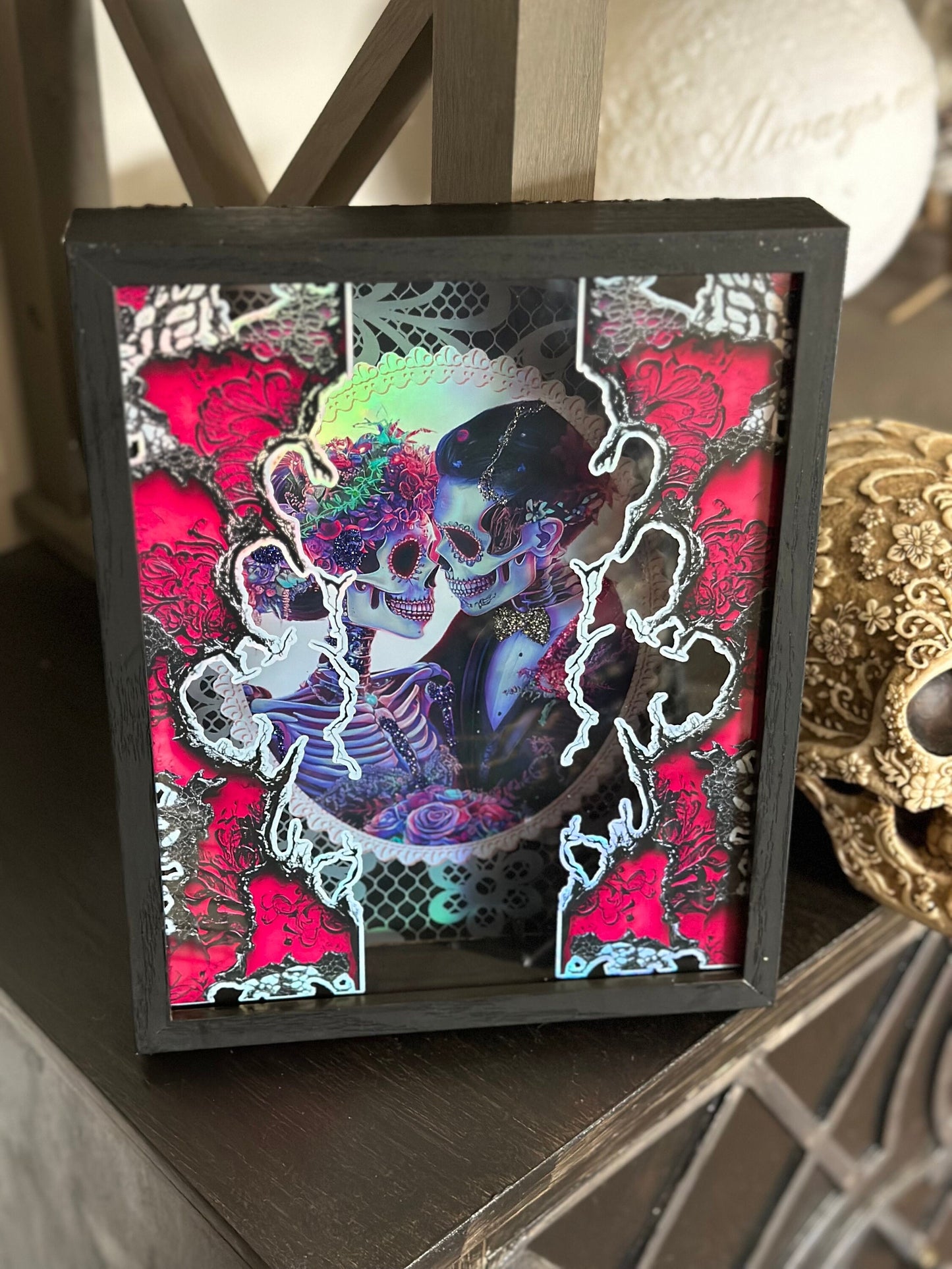 Victorian Skeleton Lovers Shadowbox, Unique Dark Academia Wall Decor, Perfect Art for a Gothic Living Spcae