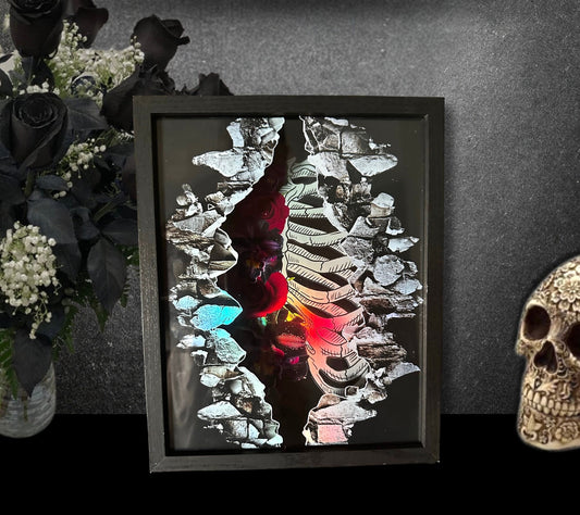 Gothic Skeleton Rib Cage & Flowers Shadowbox, Unique Dark Academia Wall Decor, Perfect Art for a Gothic Living Spcae