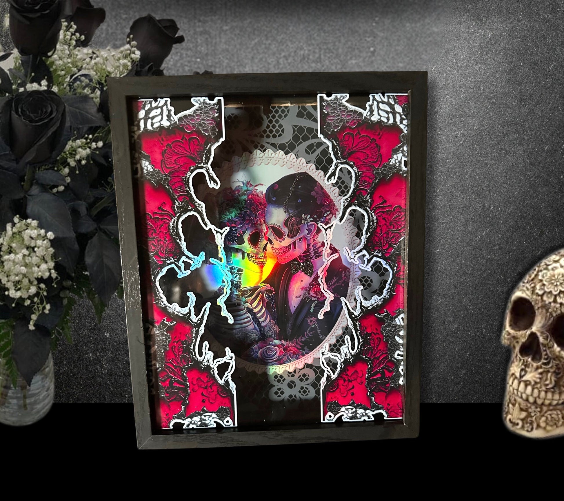 Victorian Skeleton Lovers Shadowbox, Unique Dark Academia Wall Decor, Perfect Art for a Gothic Living Spcae