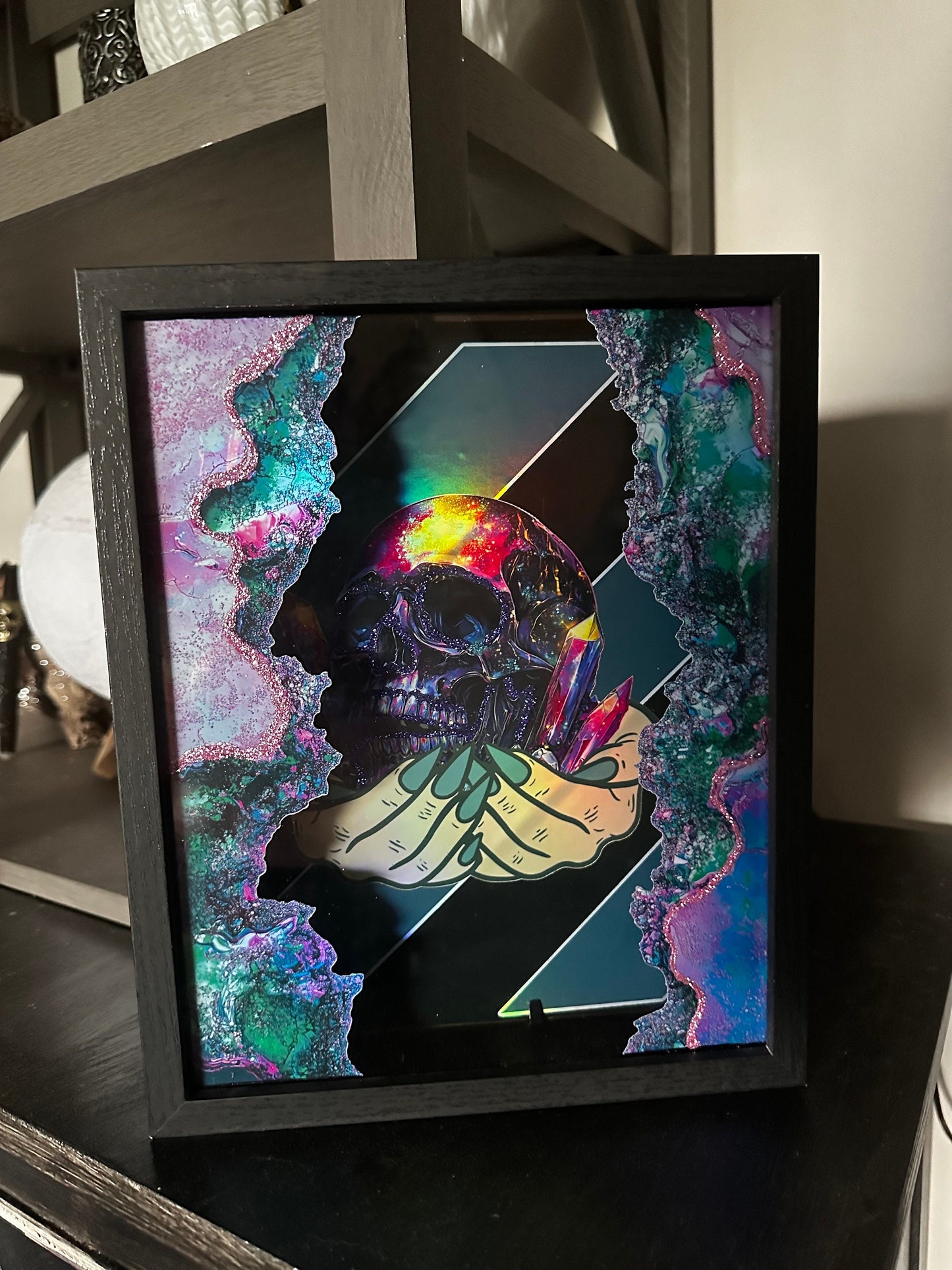 Crystal Geode Skull Shadowbox, Unique Dark Academia Wall Decor, Perfect Art for a Gothic Living Spcae