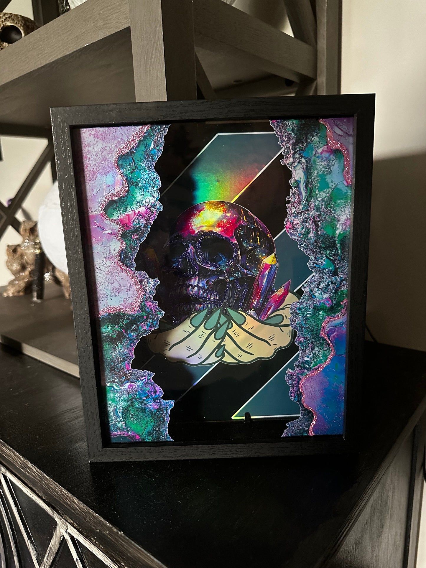 Crystal Geode Skull Shadowbox, Unique Dark Academia Wall Decor, Perfect Art for a Gothic Living Spcae