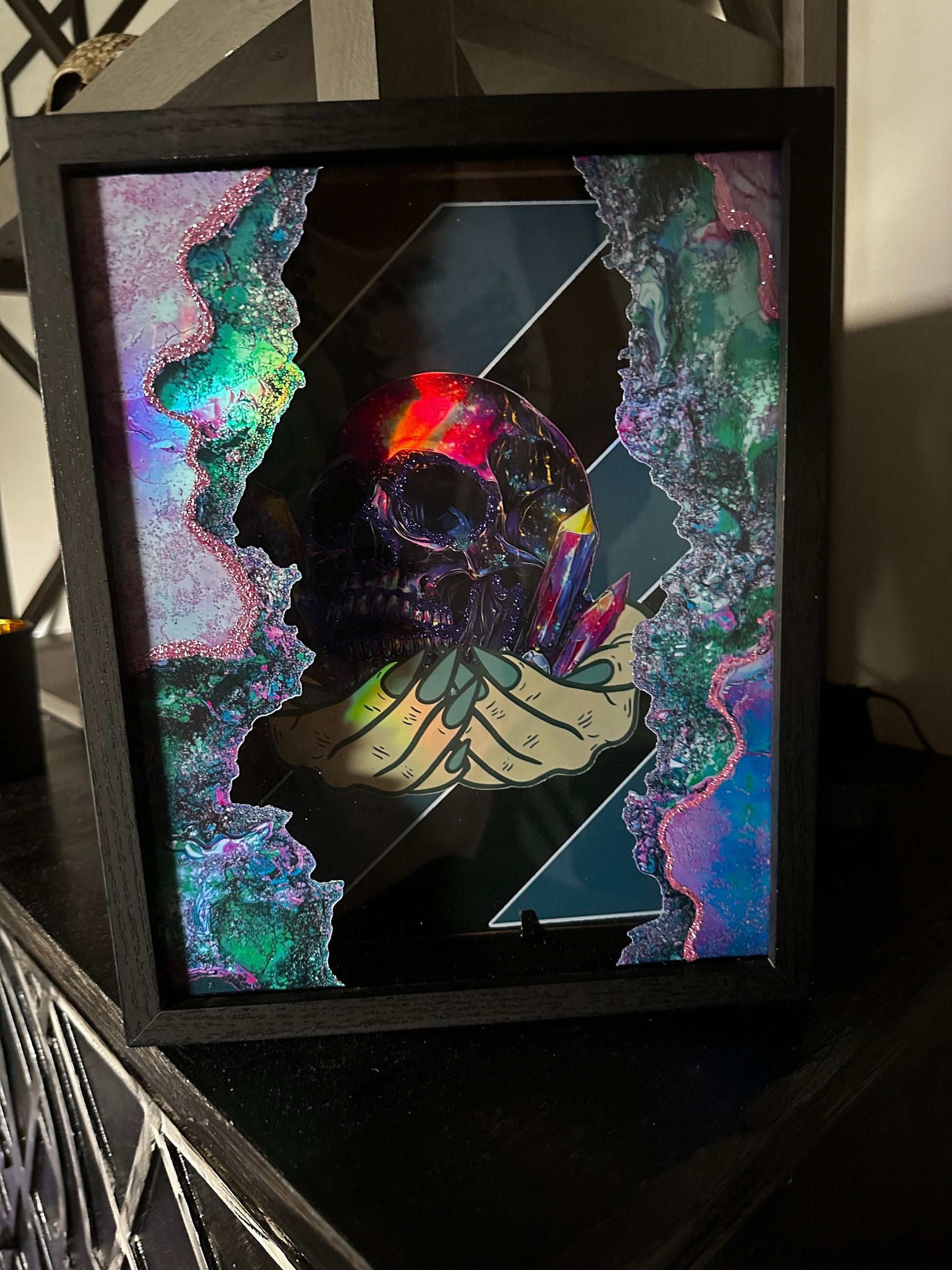 Crystal Geode Skull Shadowbox, Unique Dark Academia Wall Decor, Perfect Art for a Gothic Living Spcae