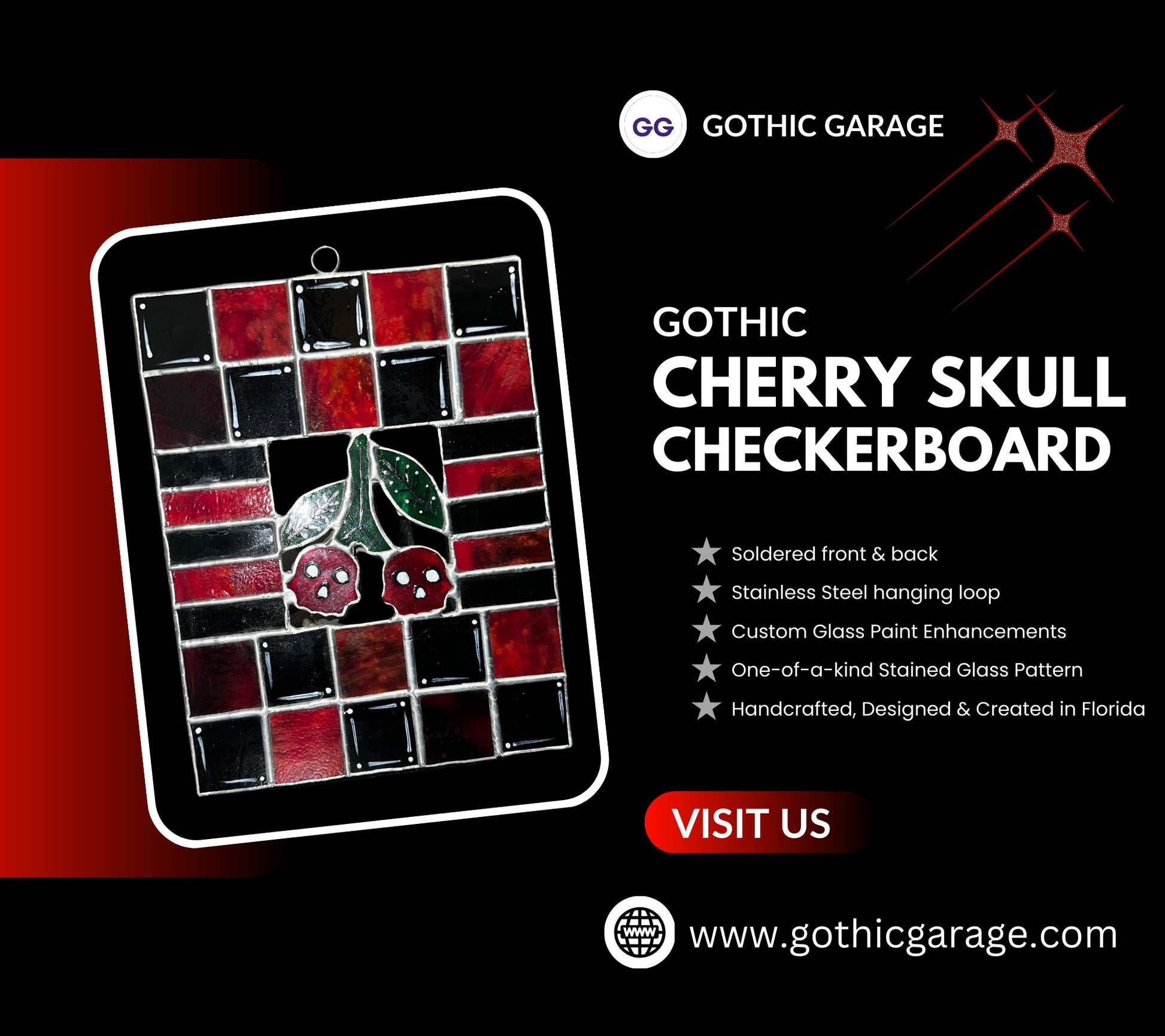 Stained Glass Cherry Skull Checkerboard, Gothic Wall Hangings, Window Sun Catcher for the Perfect One-of-a-Kind Piece of Art