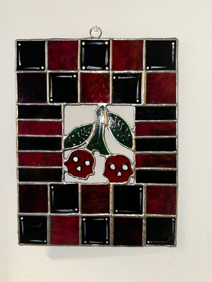 Stained Glass Cherry Skull Checkerboard, Gothic Wall Hangings, Window Sun Catcher for the Perfect One-of-a-Kind Piece of Art