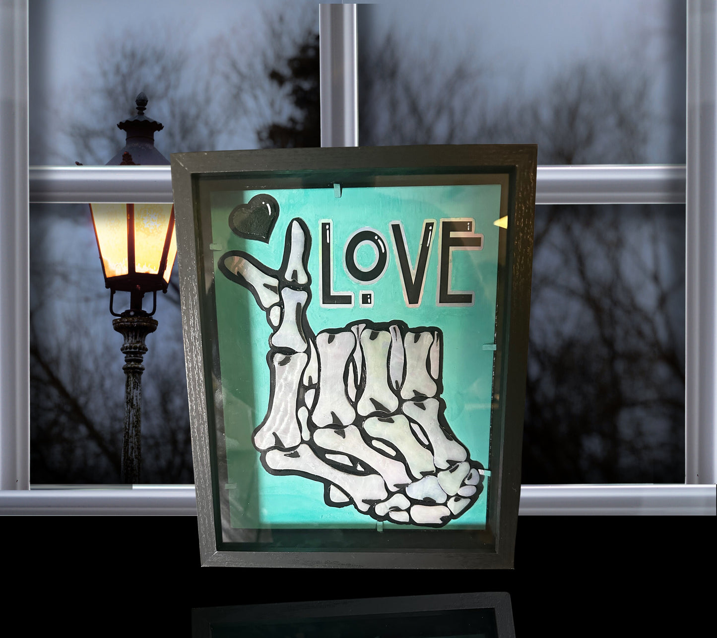 Stained Glass Skeleton Hand Love, Gothic Shadowbox Wall Hangings, Window Sun Catcher for the Perfect One-of-a-Kind Piece of Art