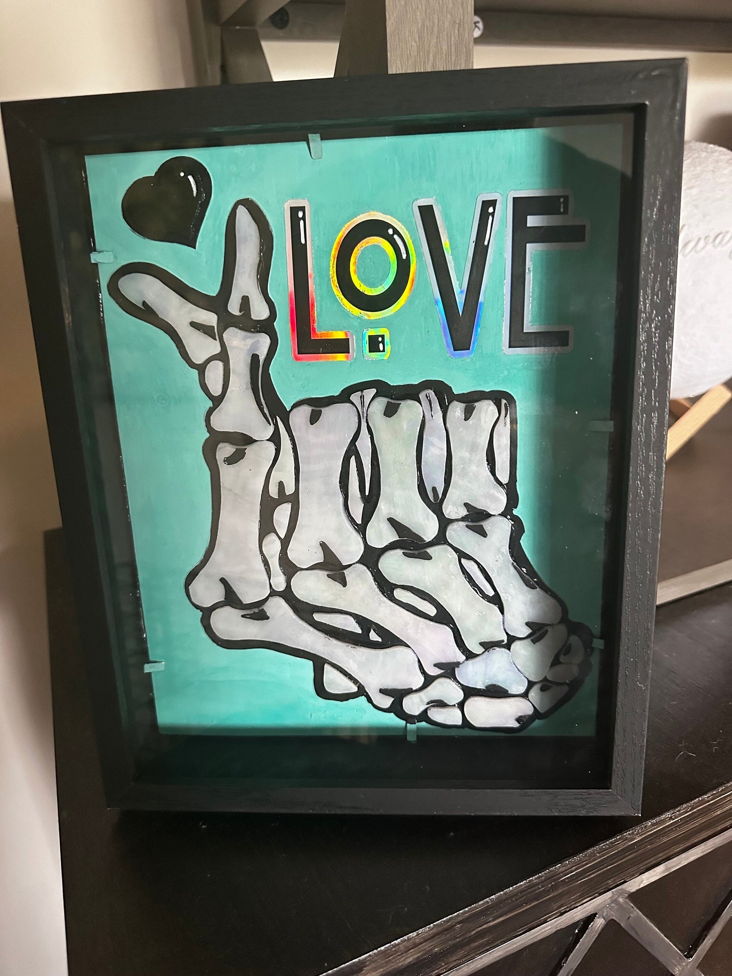 Stained Glass Skeleton Hand Love, Gothic Shadowbox Wall Hangings, Window Sun Catcher for the Perfect One-of-a-Kind Piece of Art